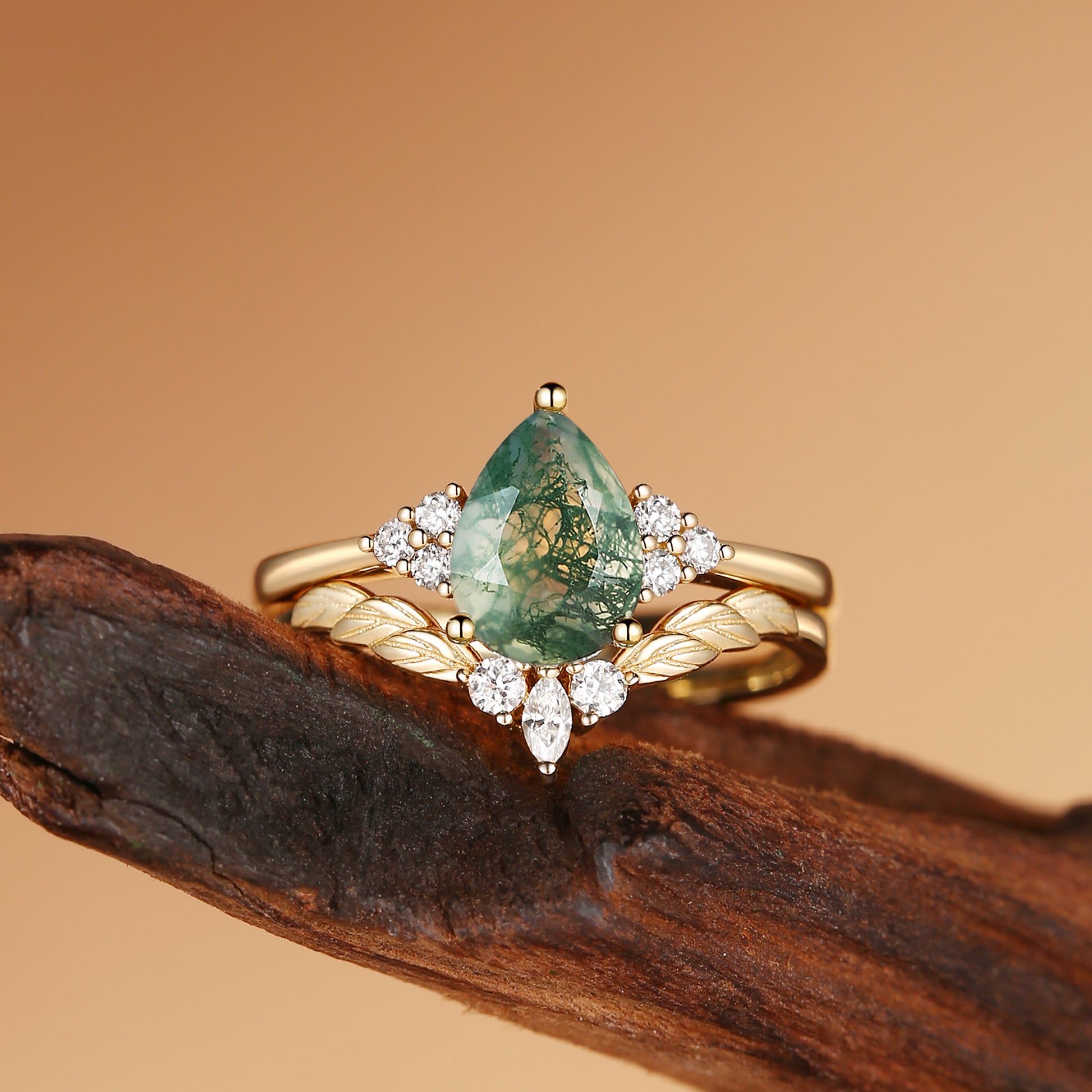 Classic Ring - Unique Moss Agate Leaf Engagement Ring Set 2pcs
