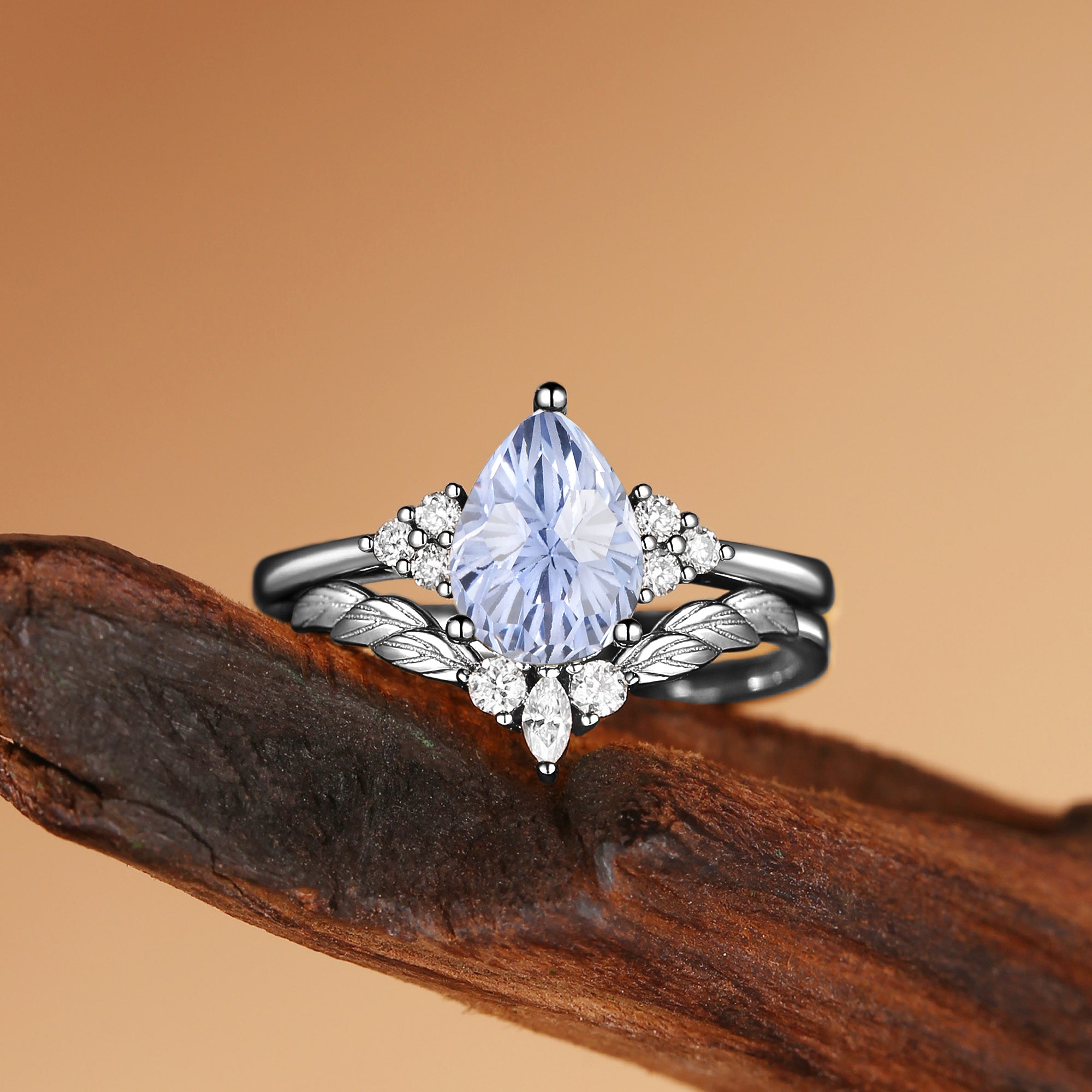 Constance - Fireworks Cut Cornflower Sapphire Engagement Ring Set 2pcs