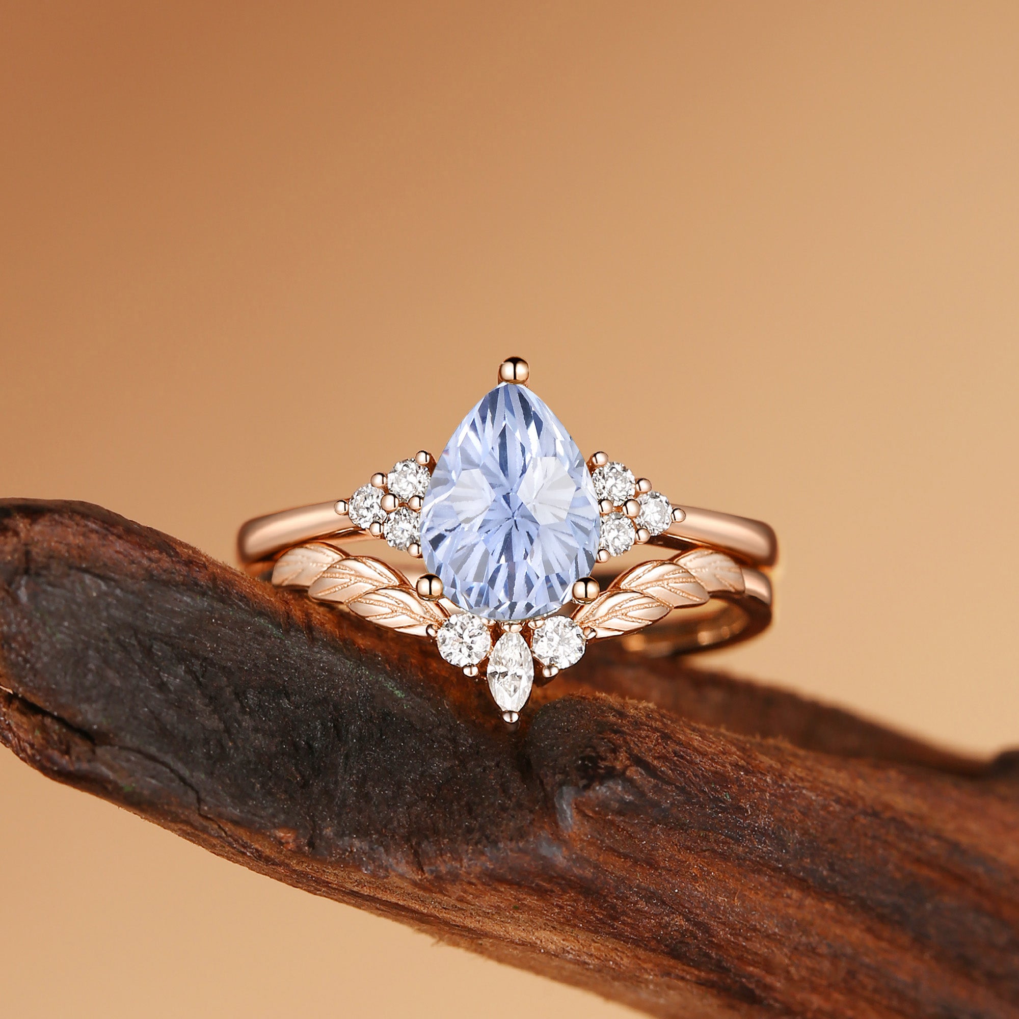 Constance - Fireworks Cut Cornflower Sapphire Engagement Ring Set 2pcs