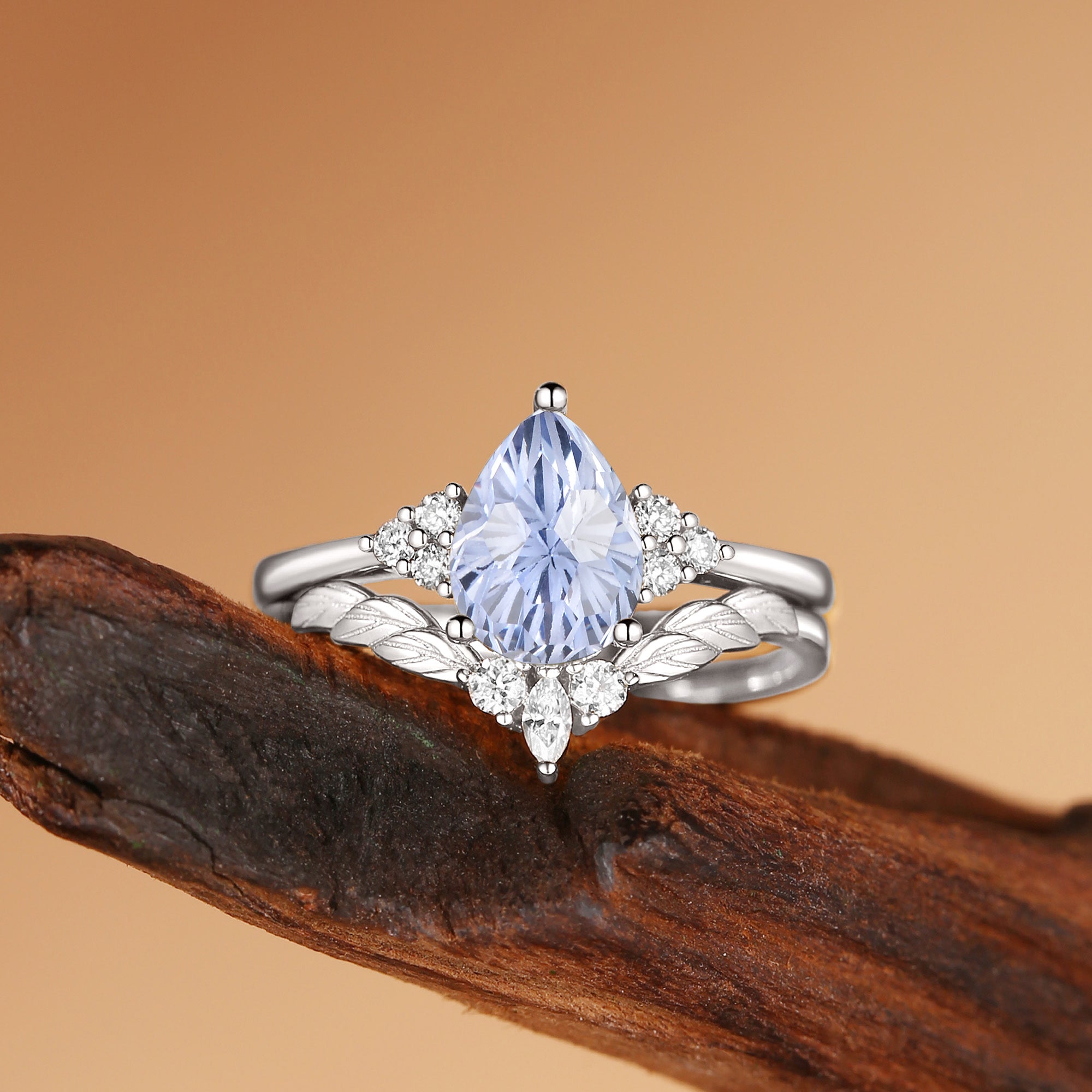 Constance - Fireworks Cut Cornflower Sapphire Engagement Ring Set 2pcs