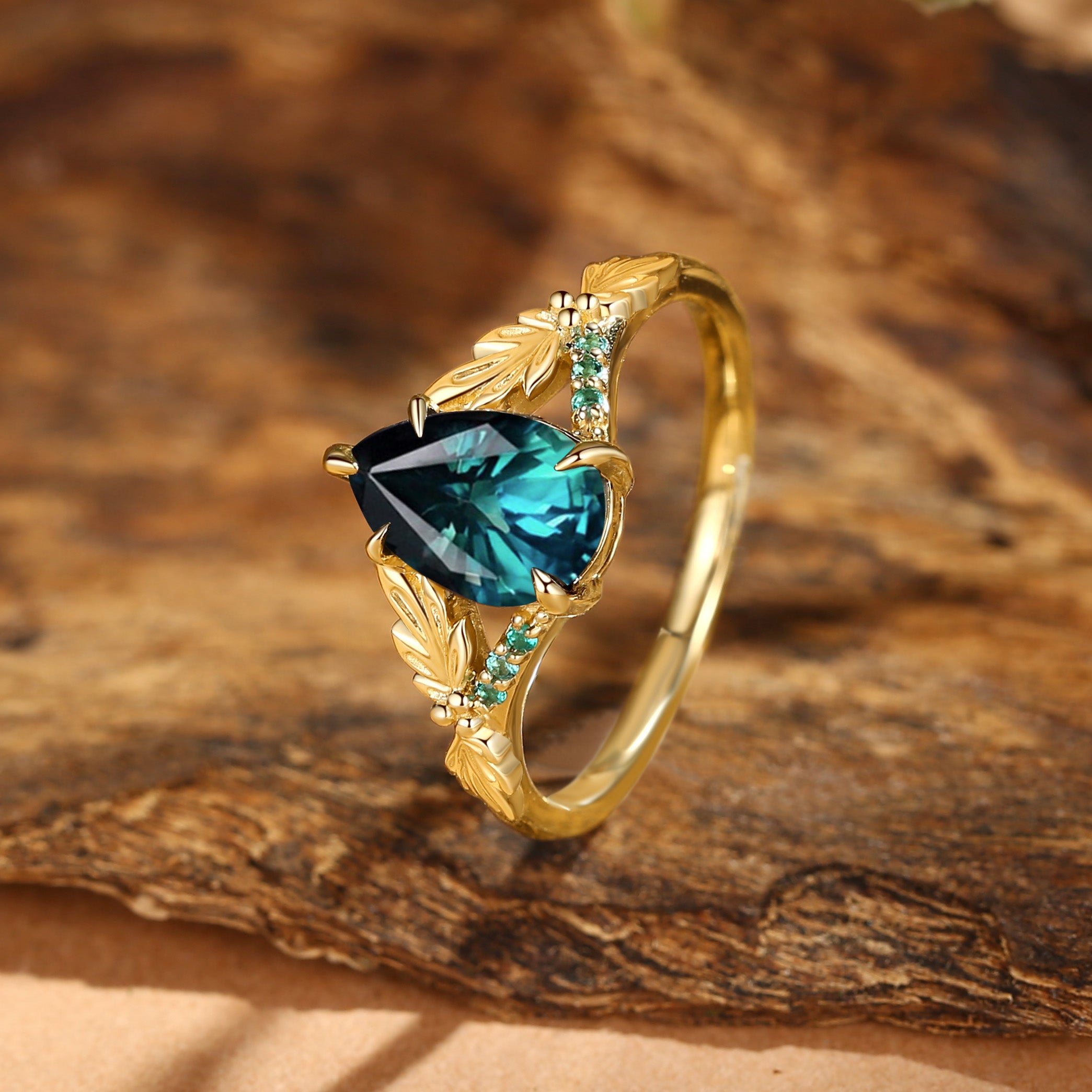 Klara - Large Carat Natural Blue Green Sapphire Leaf Engagement Ring