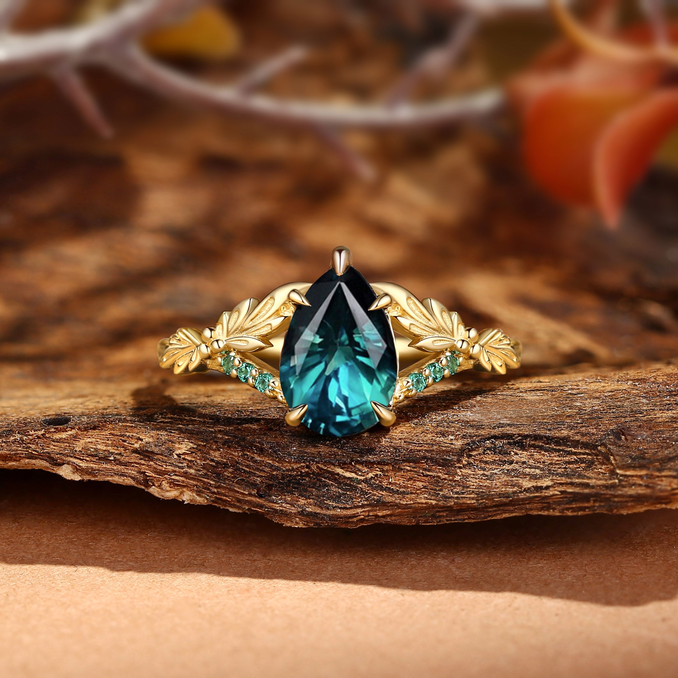 Klara - Large Carat Natural Blue Green Sapphire Leaf Engagement Ring