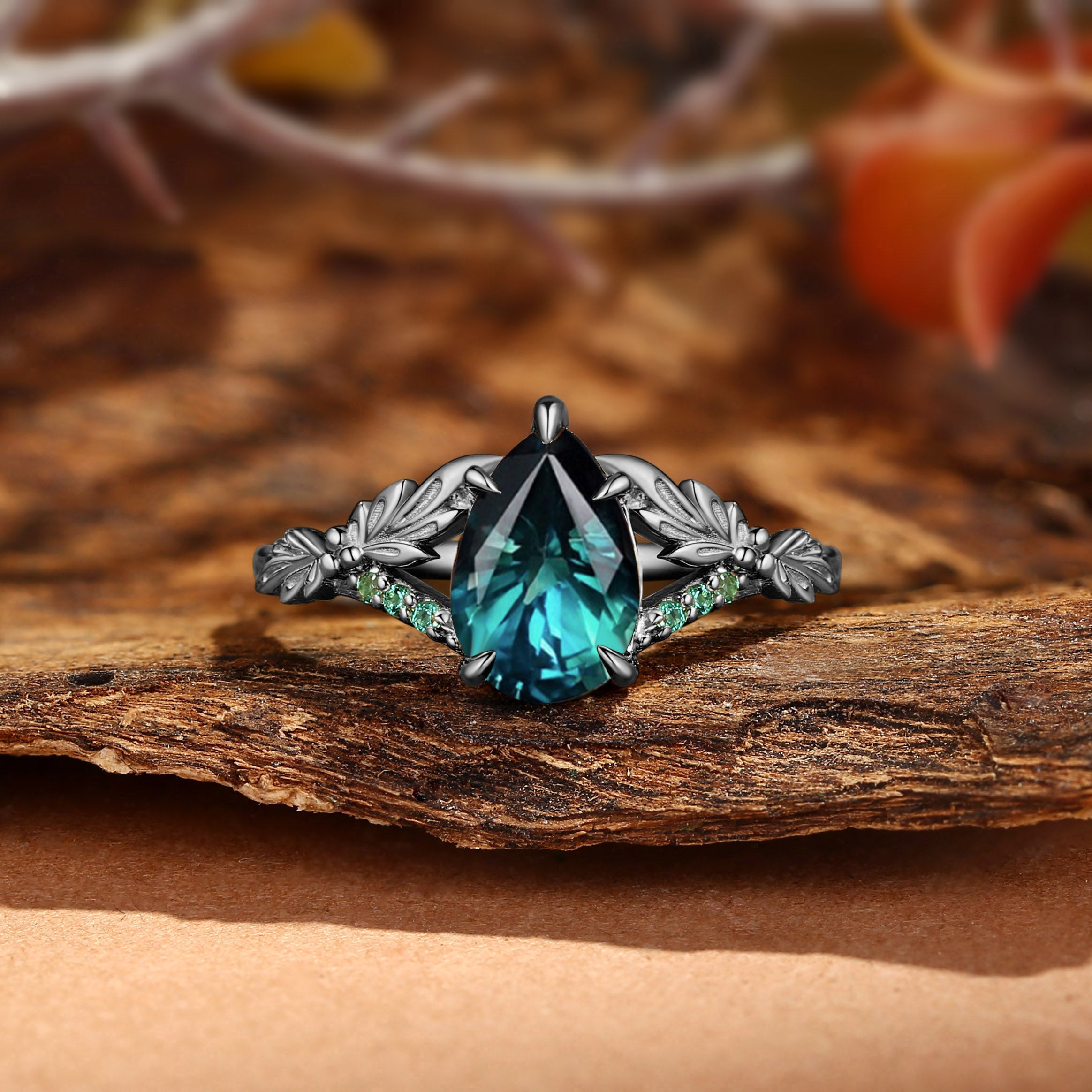 Klara - Large Carat Natural Blue Green Sapphire Leaf Engagement Ring