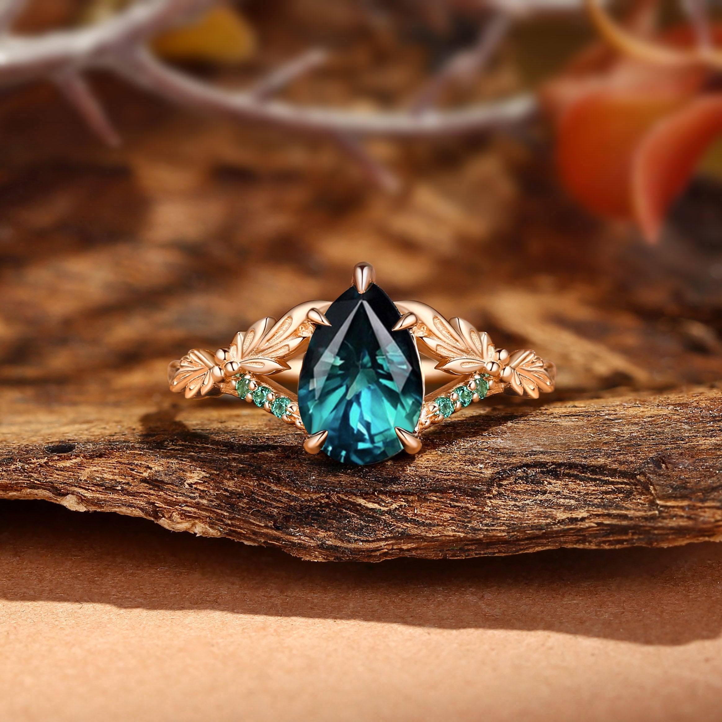 Klara - Large Carat Natural Blue Green Sapphire Leaf Engagement Ring