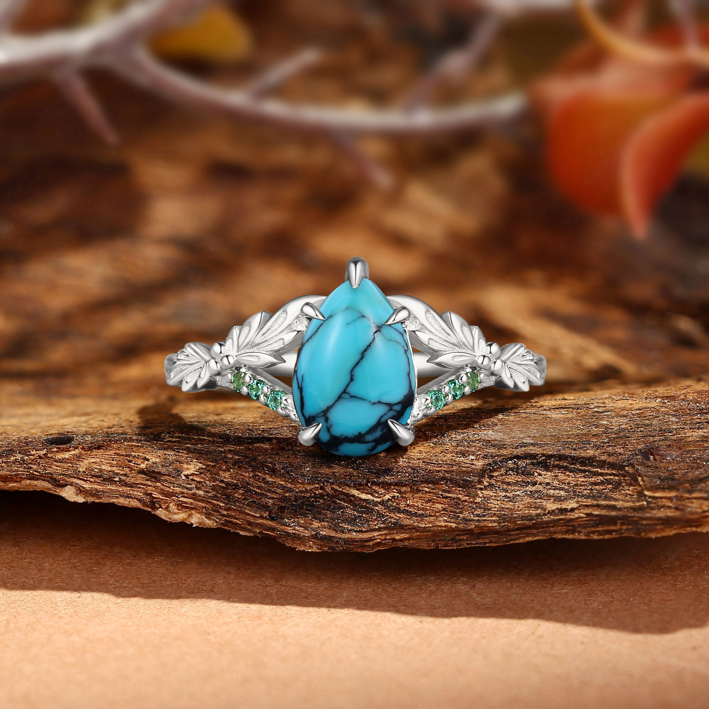 Klara - Large Carat Turquoise Leaf Engagement Ring