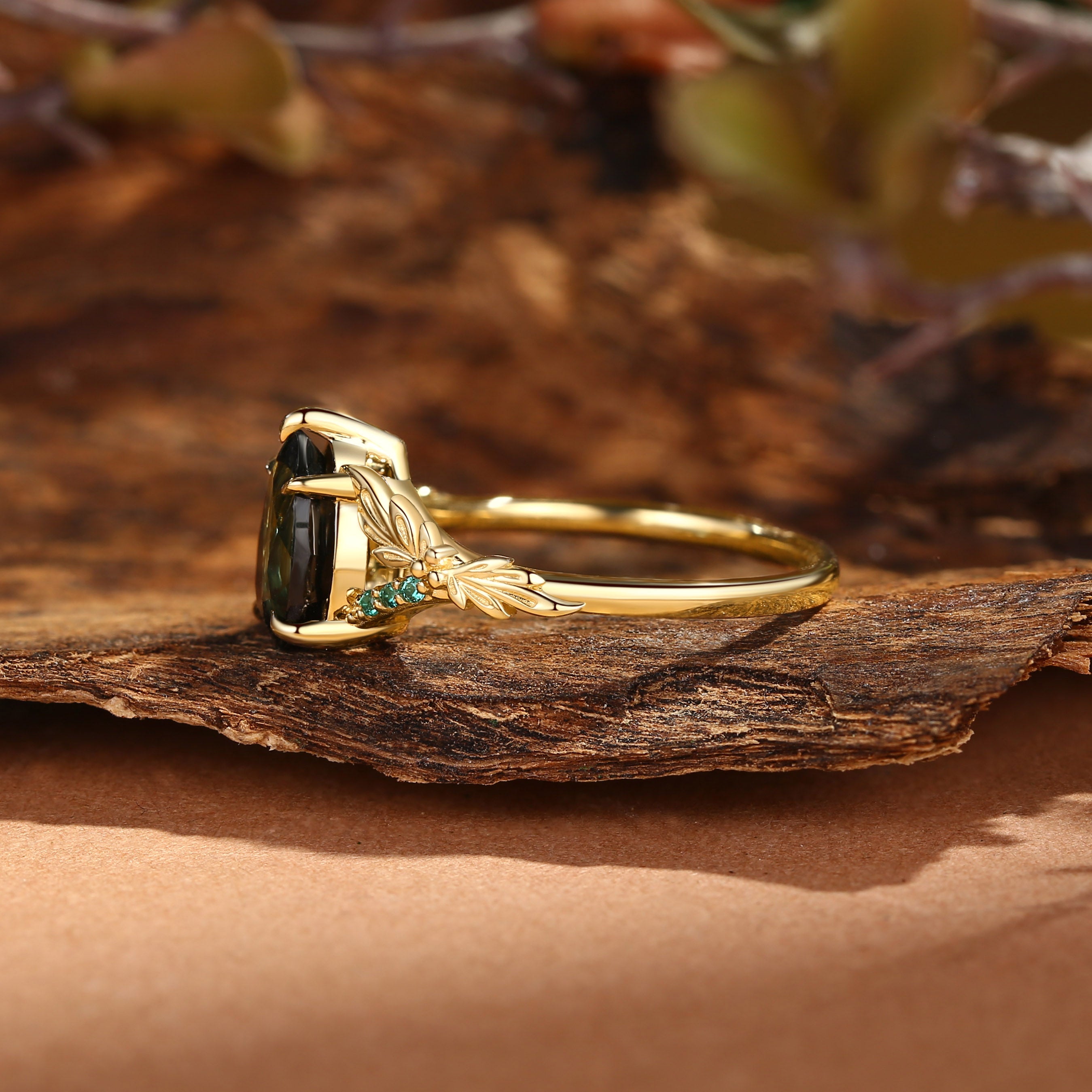 Klara - Large Carat Natural Blue Green Sapphire Leaf Engagement Ring