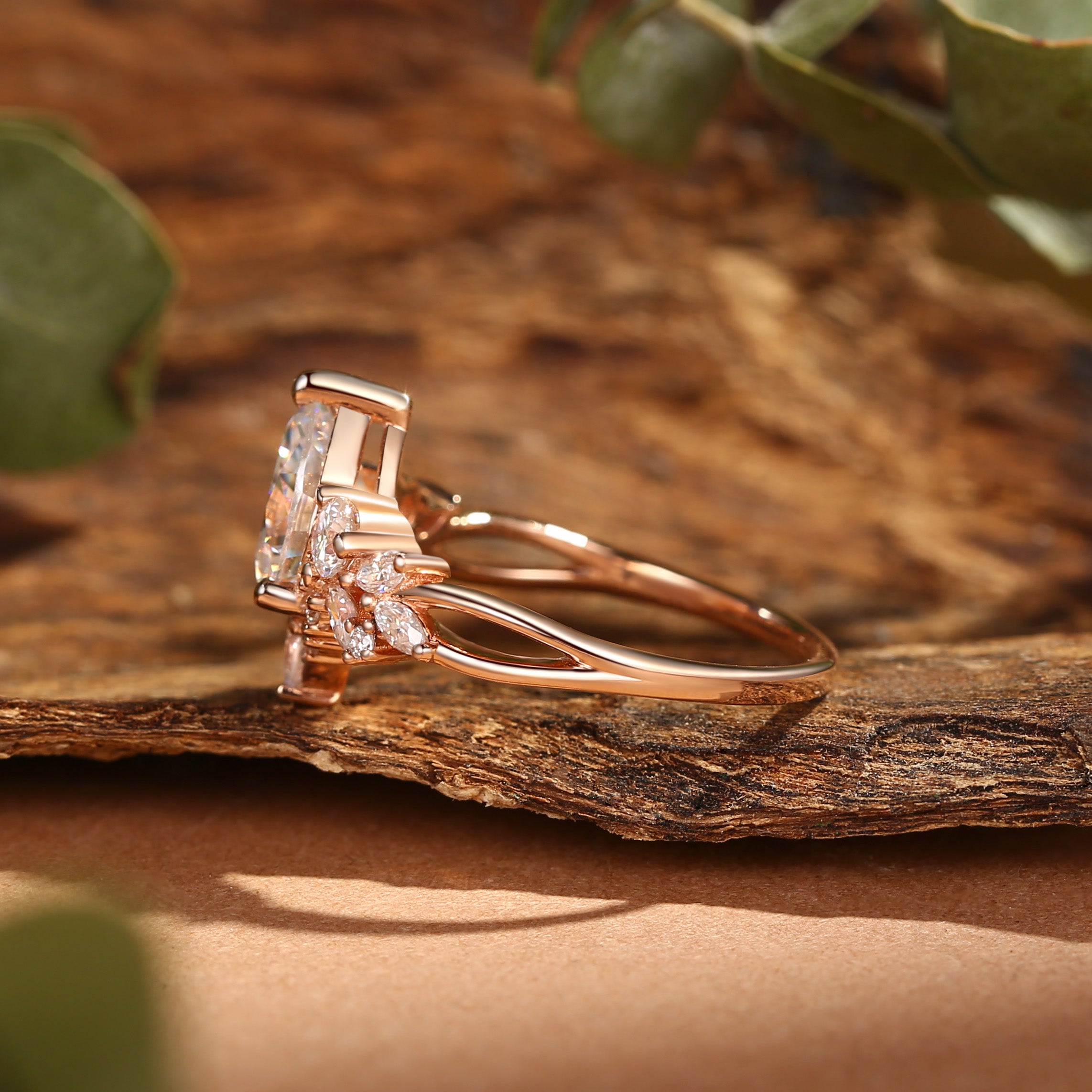 Elaia - Three Stone Pear Cut Moissanite Cluster Engagement Ring