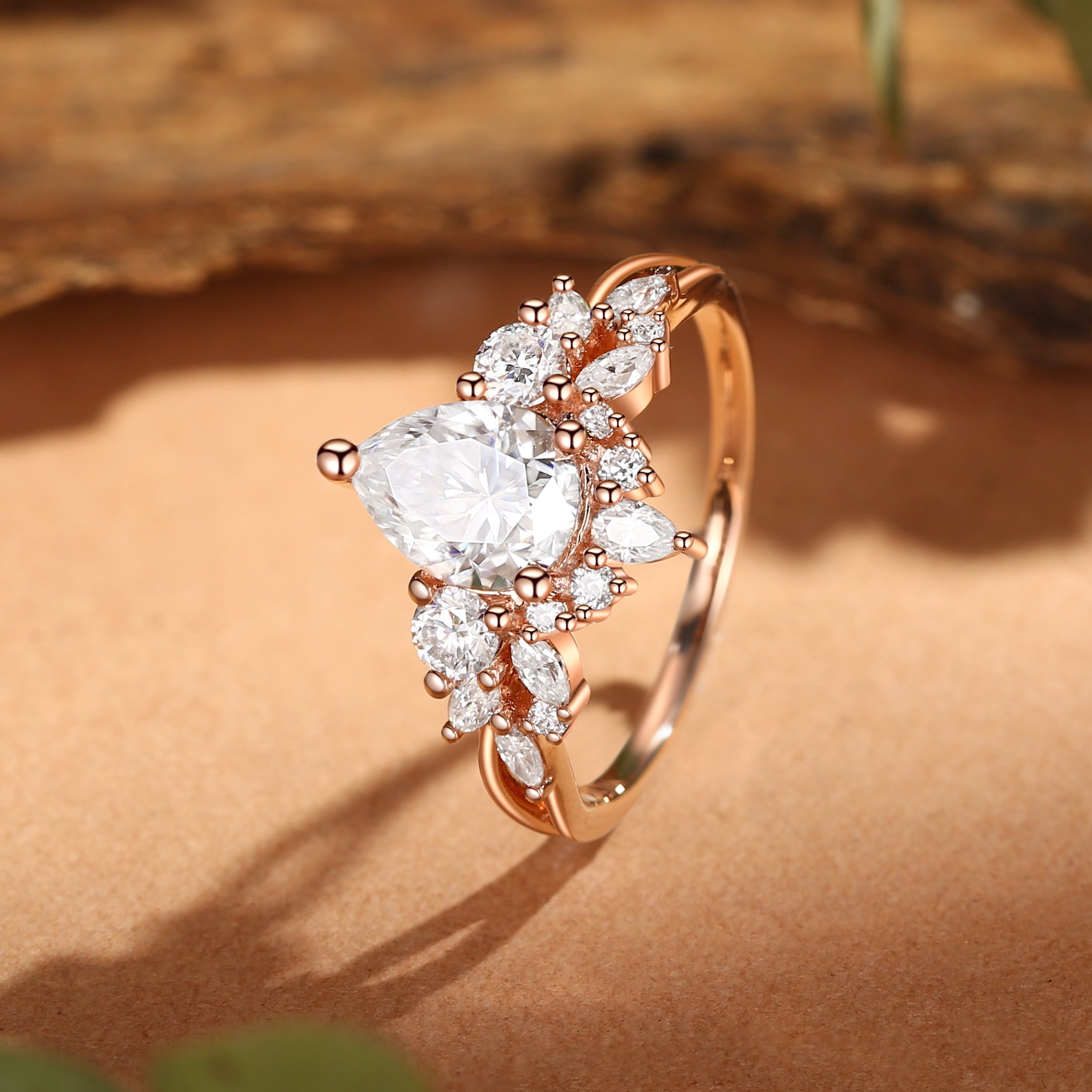 Elaia - Three Stone Pear Cut Moissanite Cluster Engagement Ring