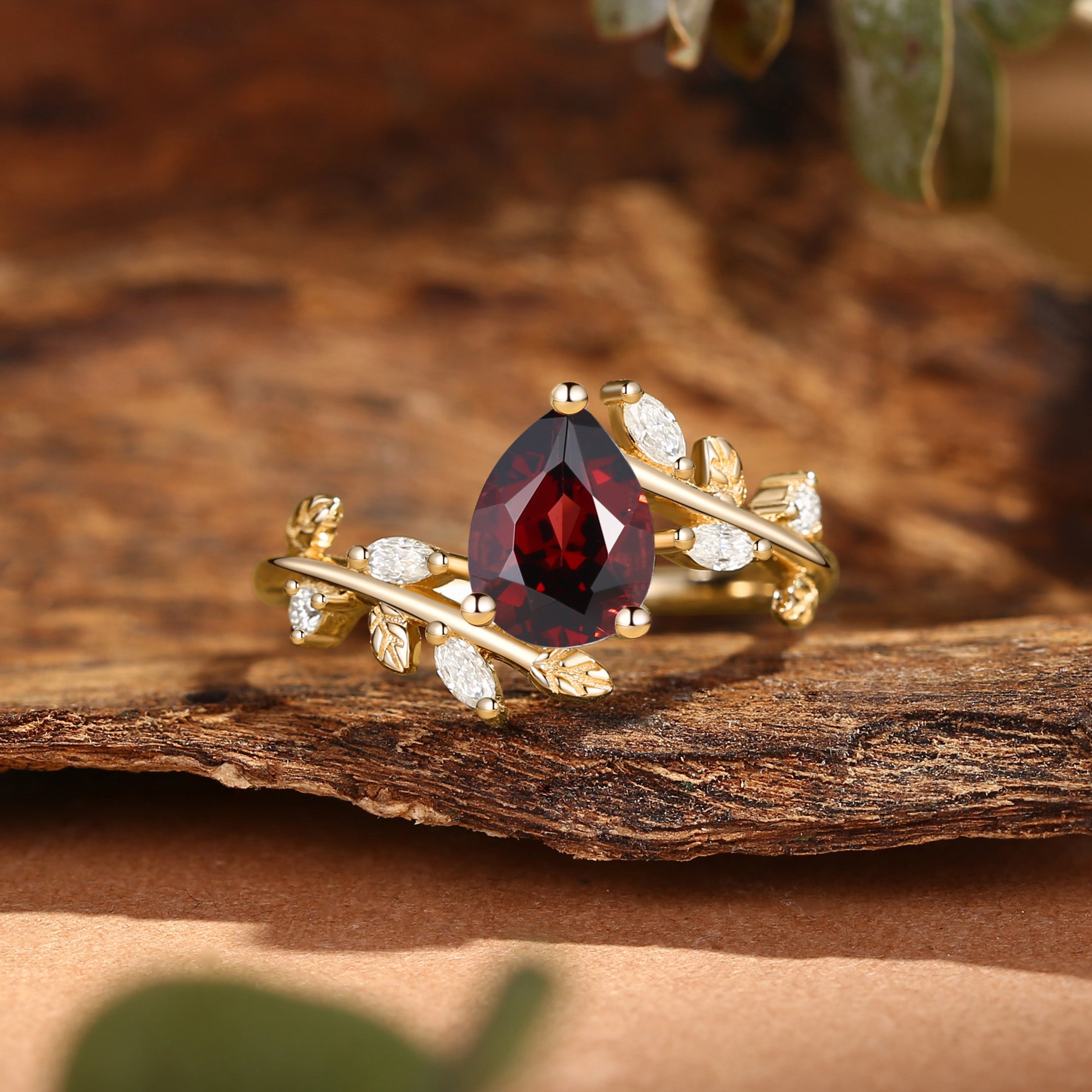 Clarissa - Pear Cut Garnet Branch Leafy Inspired Engagement Ring