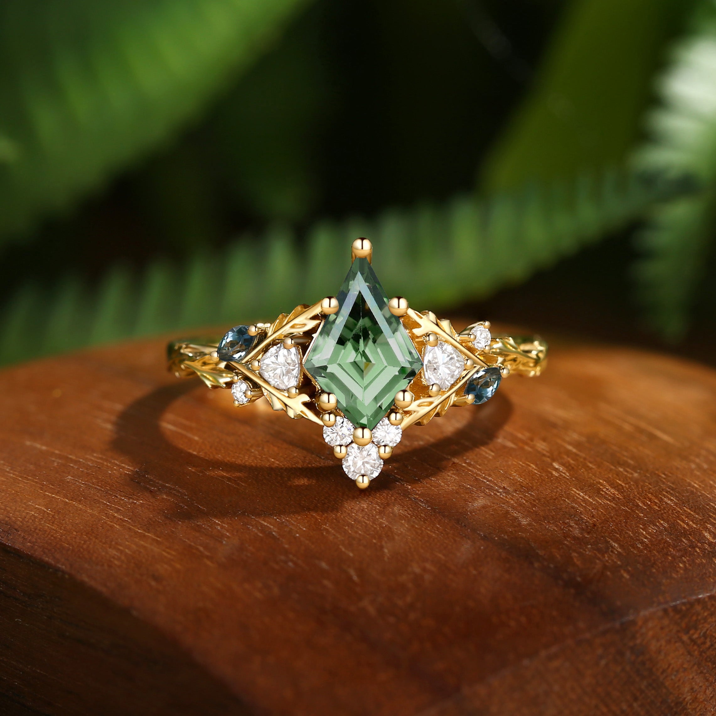 Katriel - 1.5CT Kite Cut Lab Green Sapphire Oak Leaf Engagement Ring