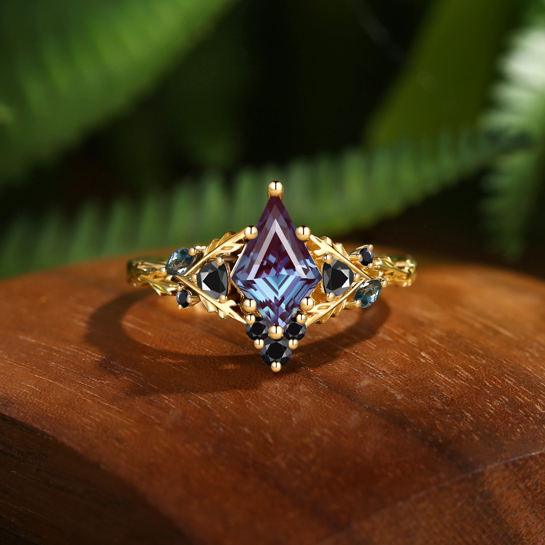 Katriel - Kite Cut Dark Purple Lab Alexandrite & Black Moissanite Oak Leaf Engagement Ring