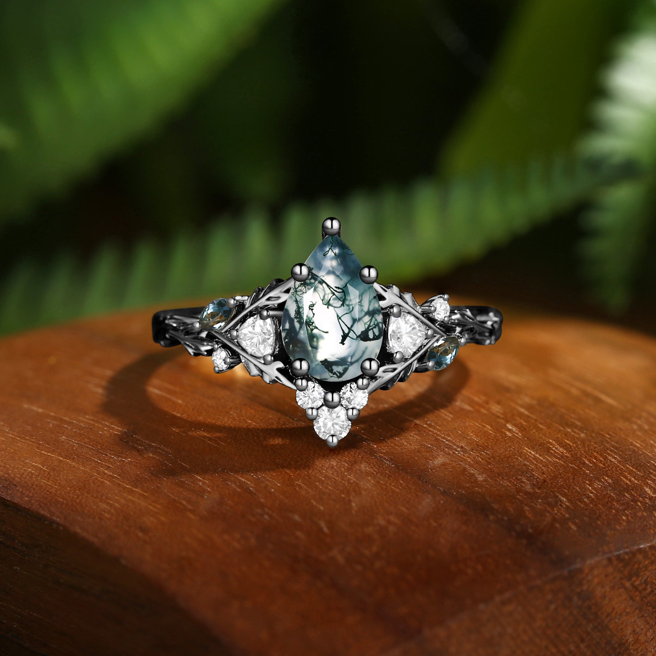 Katriel - Pear Cut Lab Moss Agate Oak Leaf Engagement Ring