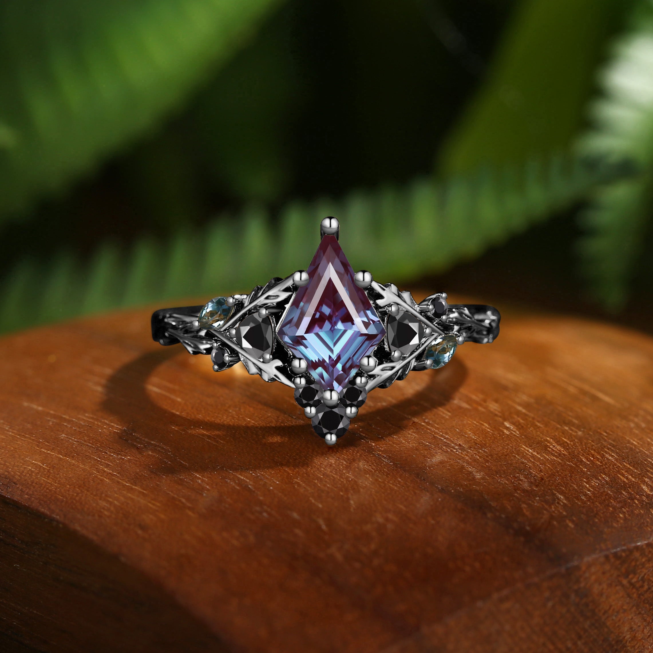 Katriel - Kite Cut Dark Purple Lab Alexandrite & Black Moissanite Oak Leaf Engagement Ring