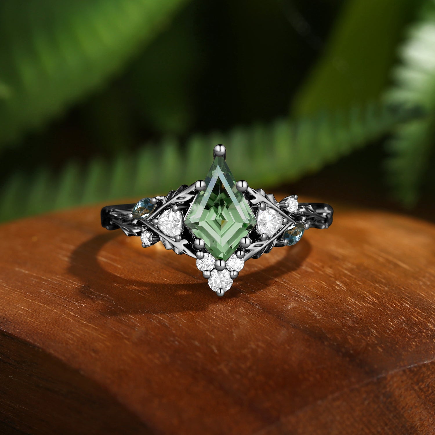 Katriel - 1.5CT Kite Cut Lab Green Sapphire Oak Leaf Engagement Ring