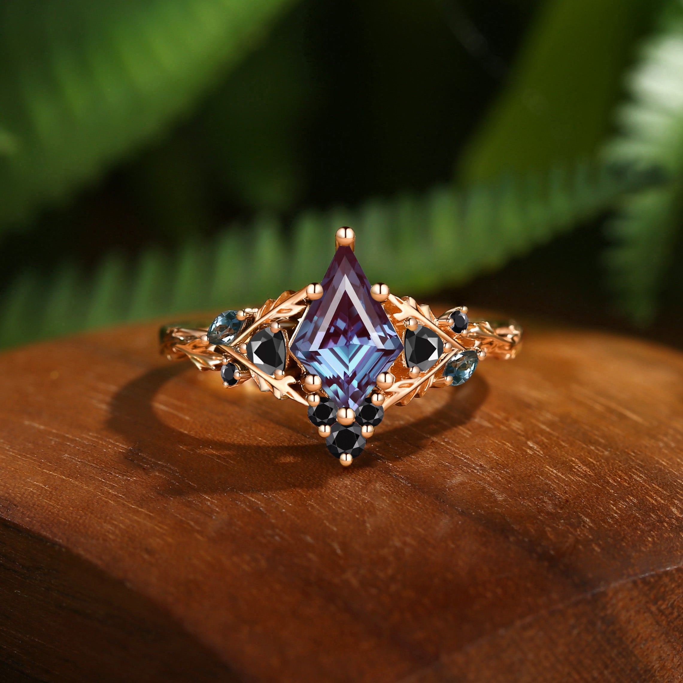 Katriel - Kite Cut Dark Purple Lab Alexandrite & Black Moissanite Oak Leaf Engagement Ring