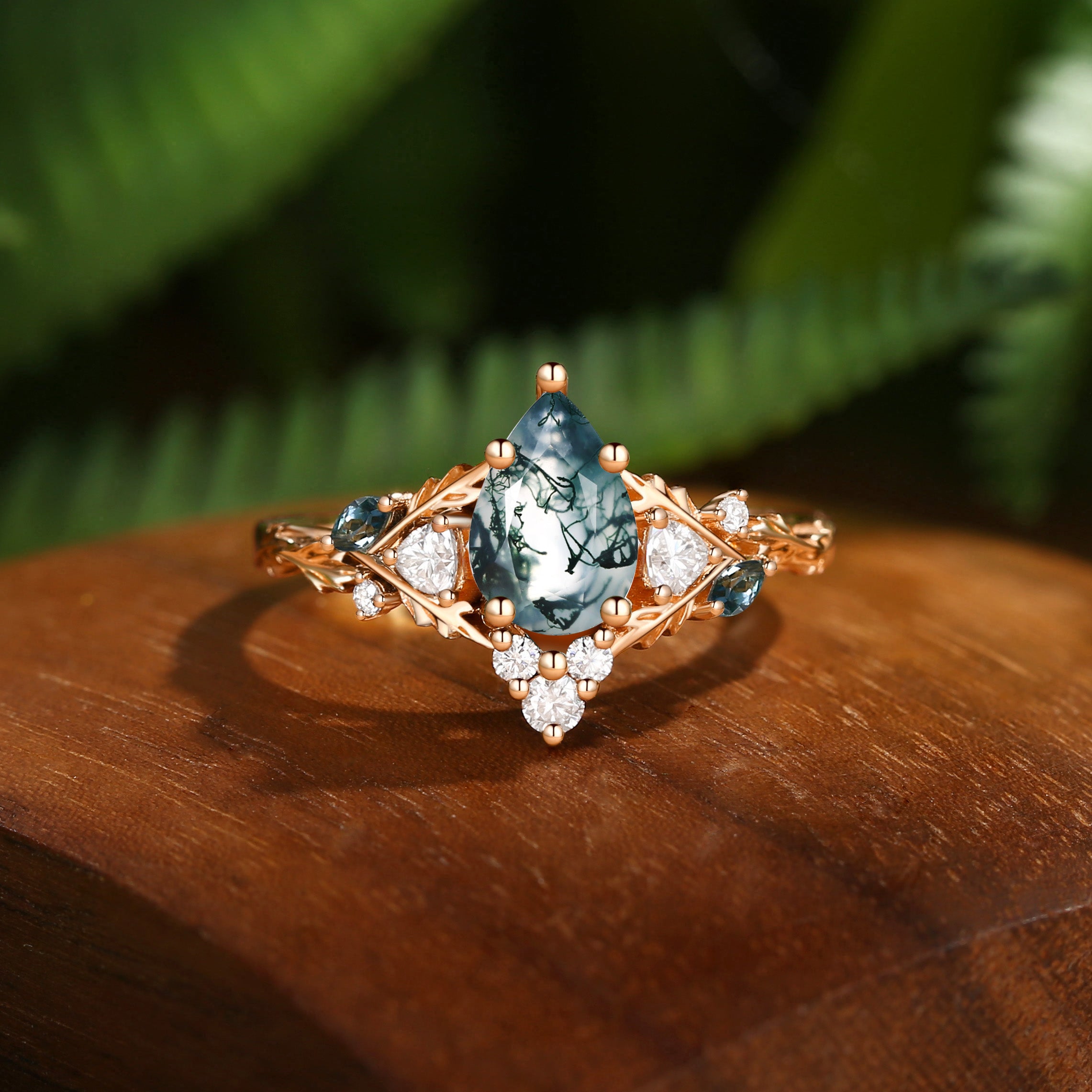 Katriel - Pear Cut Lab Moss Agate Oak Leaf Engagement Ring