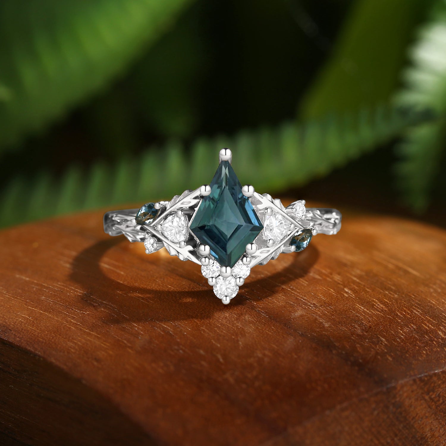 Katriel - 1.5CT Kite Cut Natural Blue Green Sapphire Oak Leaf Engagement Ring