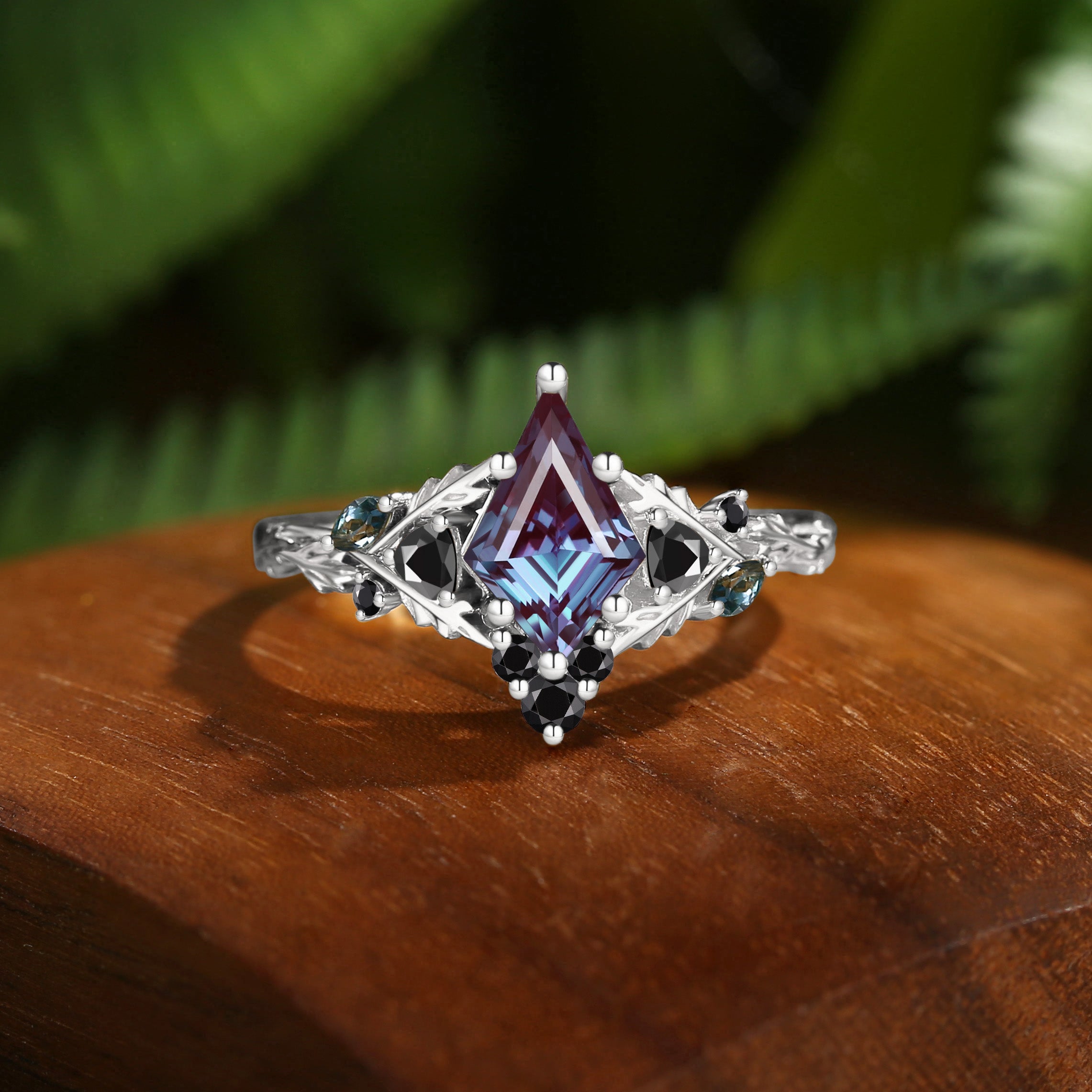 Katriel - Kite Cut Dark Purple Lab Alexandrite & Black Moissanite Oak Leaf Engagement Ring