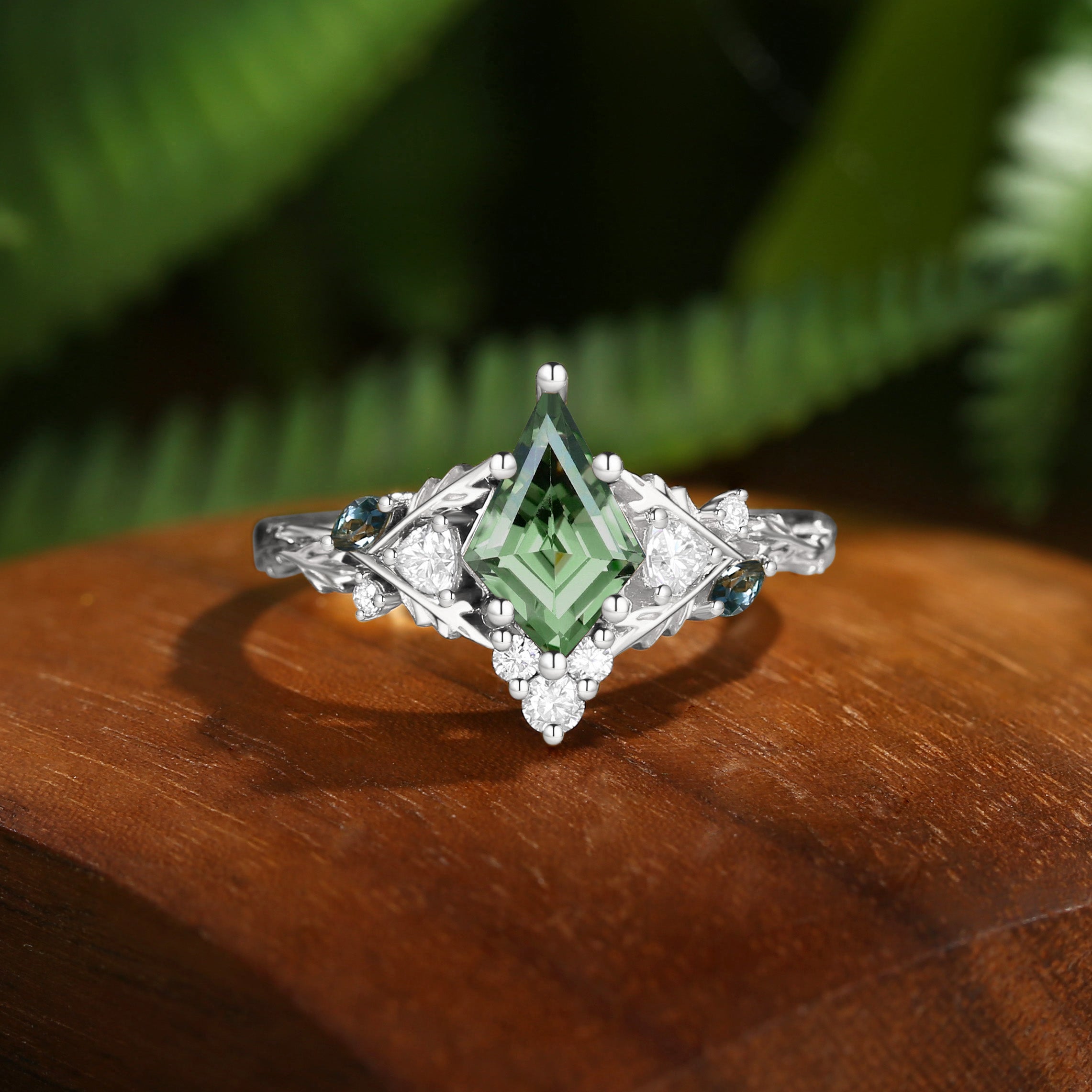 Katriel - 1.5CT Kite Cut Lab Green Sapphire Oak Leaf Engagement Ring