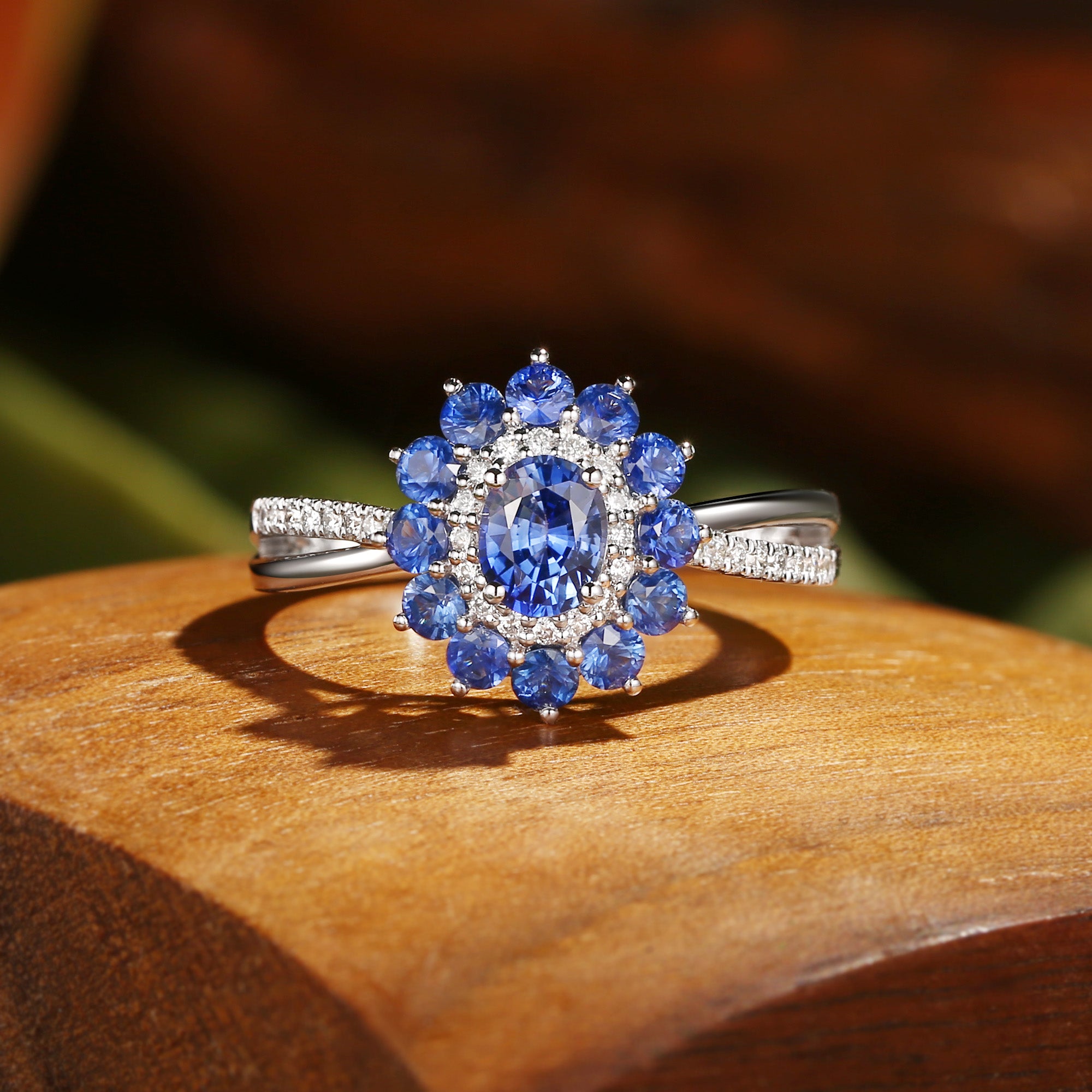 Odessa - Sapphire & Moissanite Bouble Halo Twist Engagement Ring
