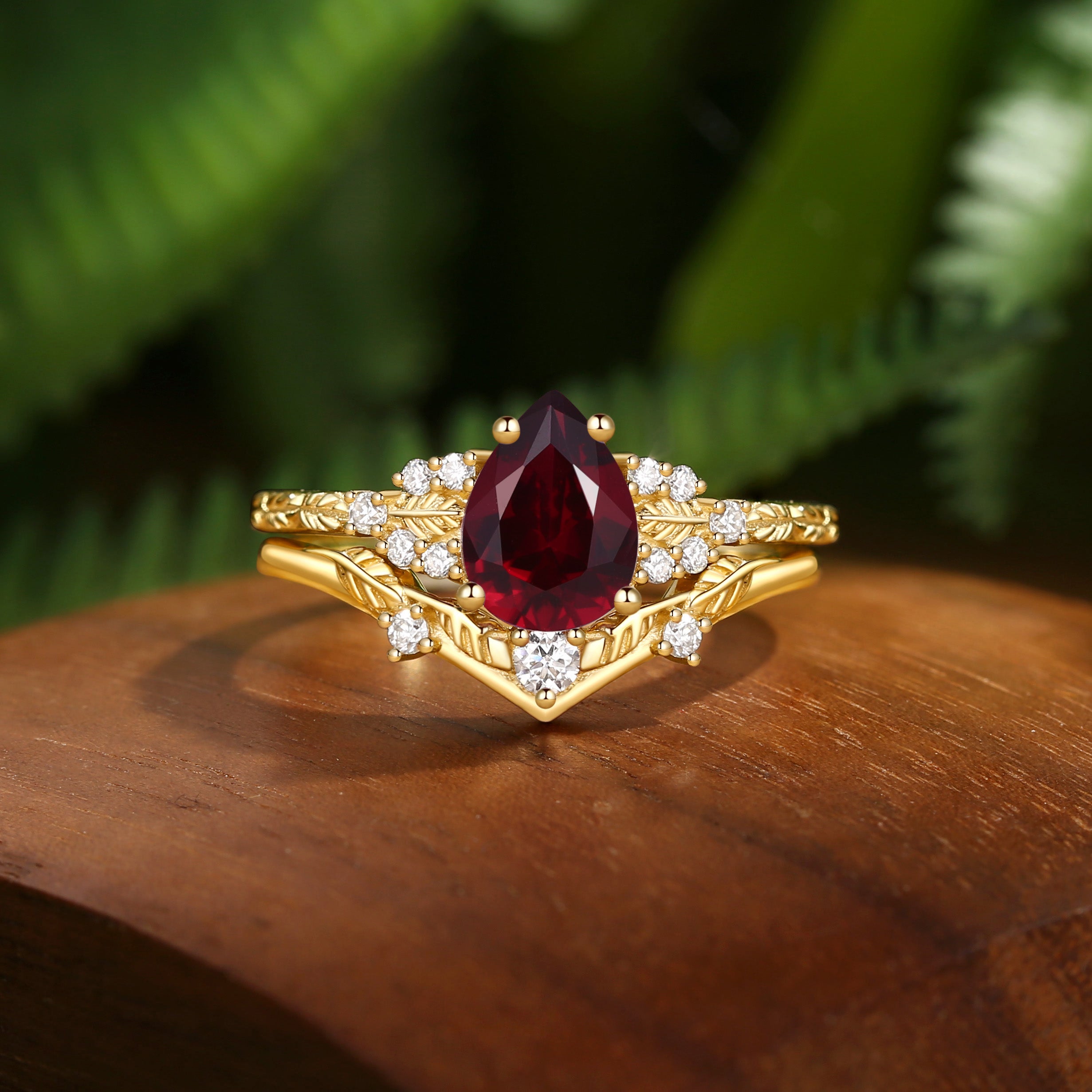 Hortense -  Leaf Nature Inspired Pear Cut Garnet Engagement Ring Set 2pcs