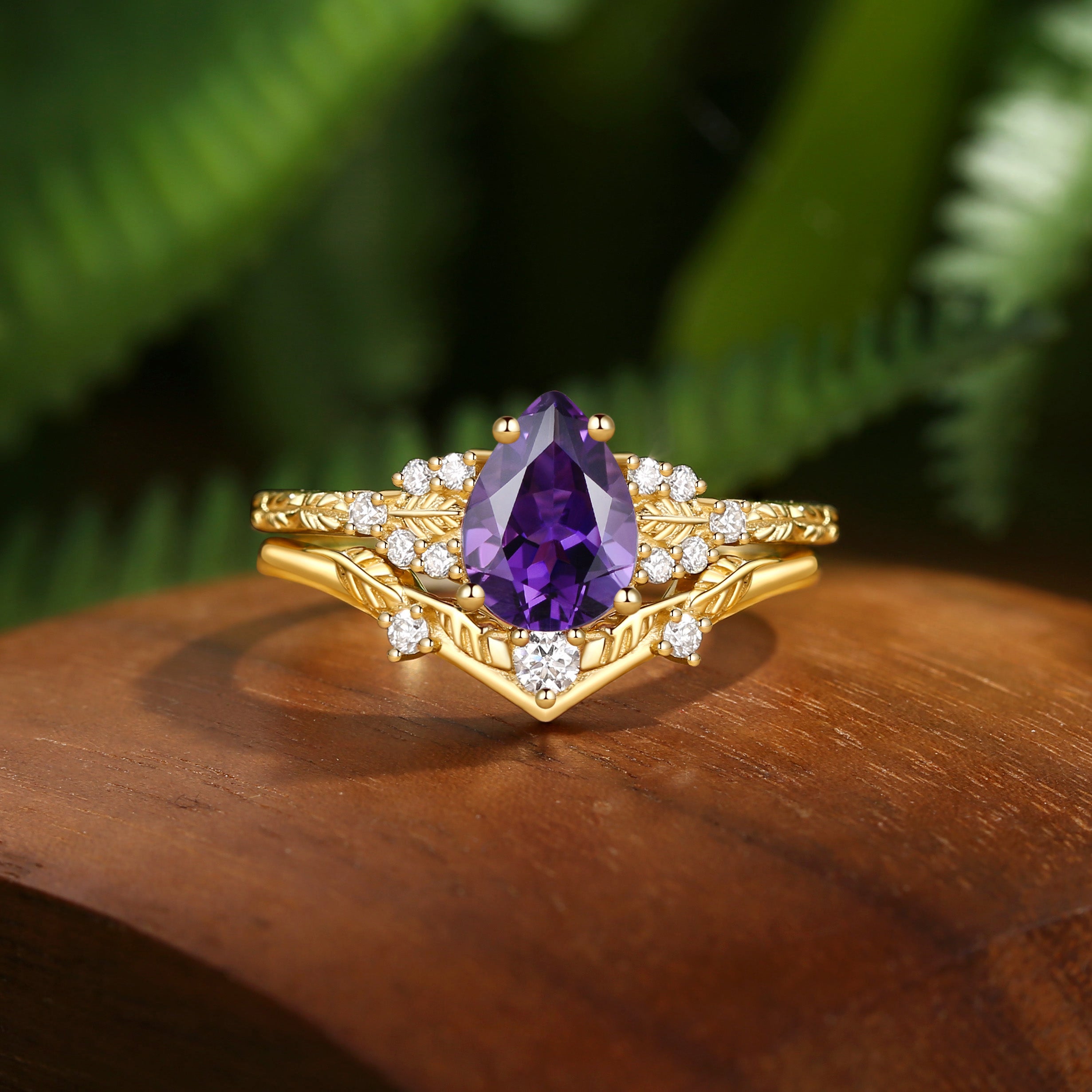 Hortense -  Leaf Nature Inspired Pear Cut Amethyst Engagement Ring Set 2pcs
