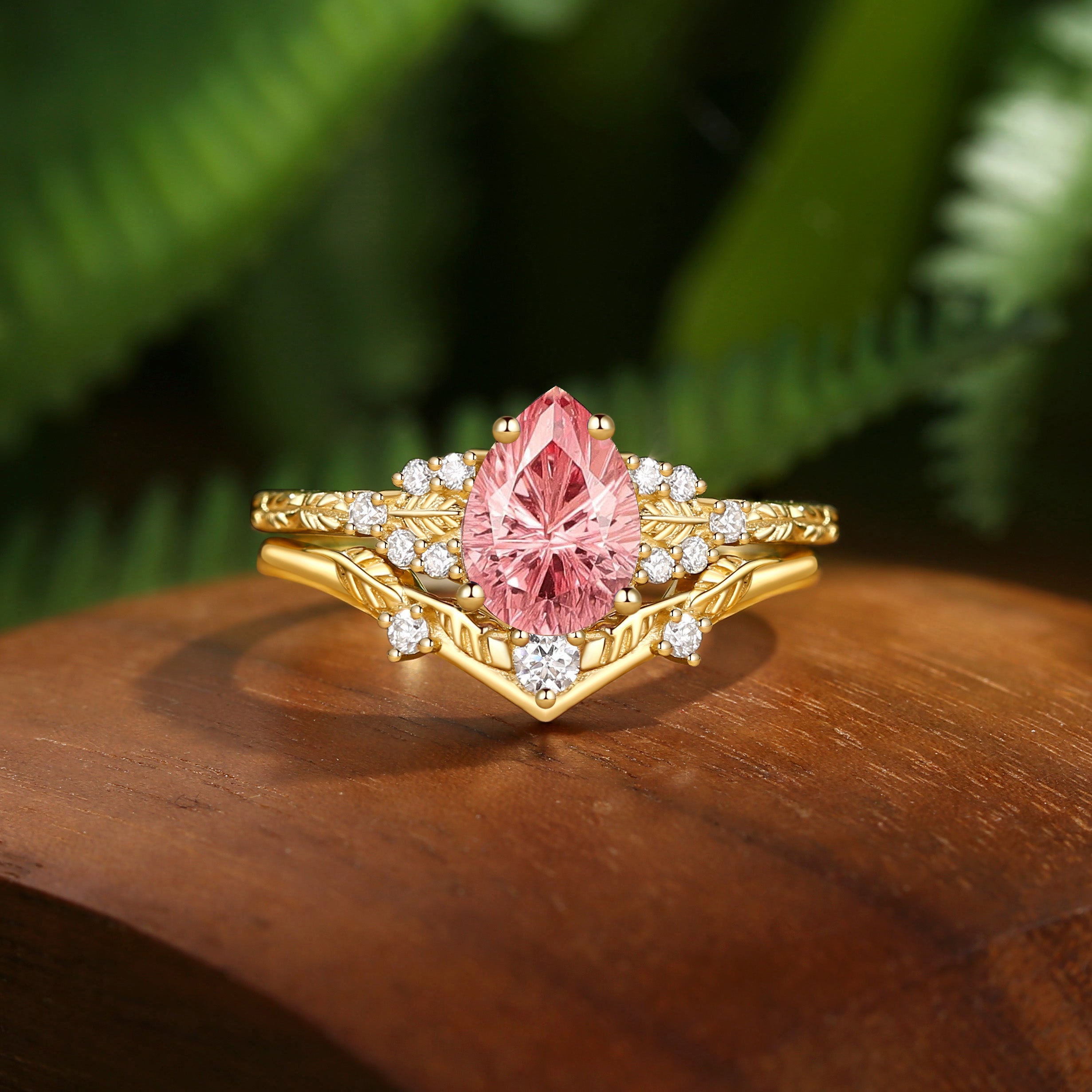 Hortense -  Leaf Nature Inspired Firework Cut Padparadscha Sapphire Engagement Ring Set 2pcs