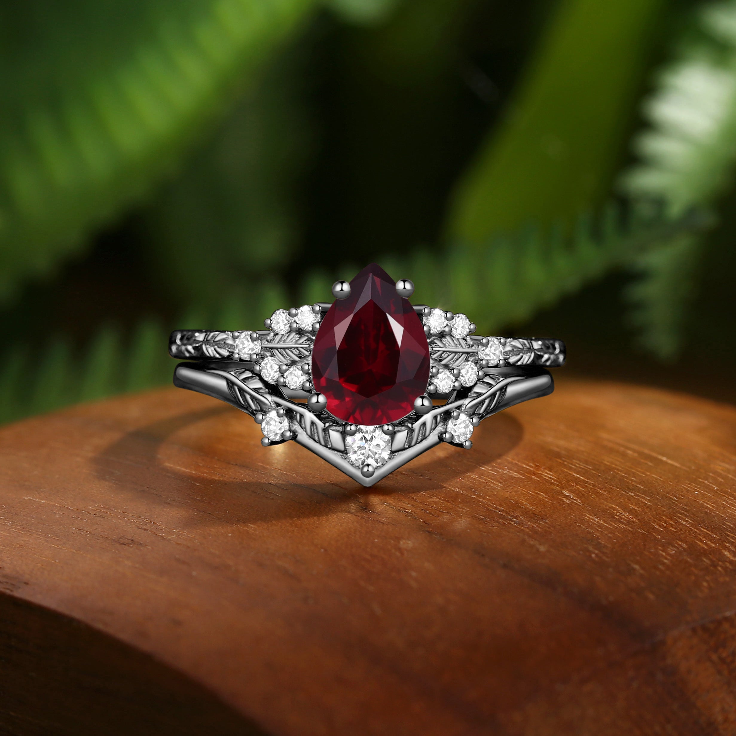 Hortense -  Leaf Nature Inspired Pear Cut Garnet Engagement Ring Set 2pcs