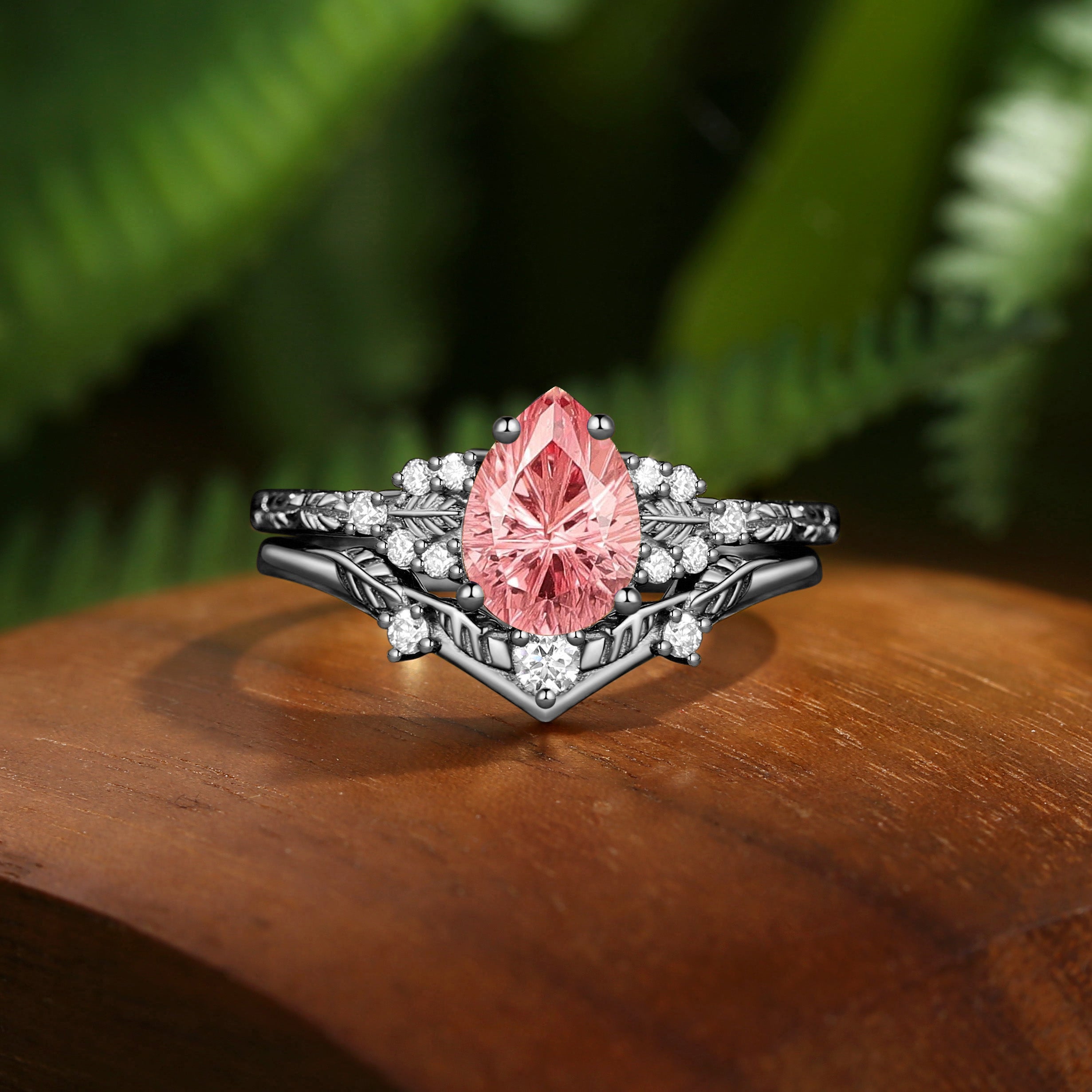Hortense -  Leaf Nature Inspired Firework Cut Padparadscha Sapphire Engagement Ring Set 2pcs