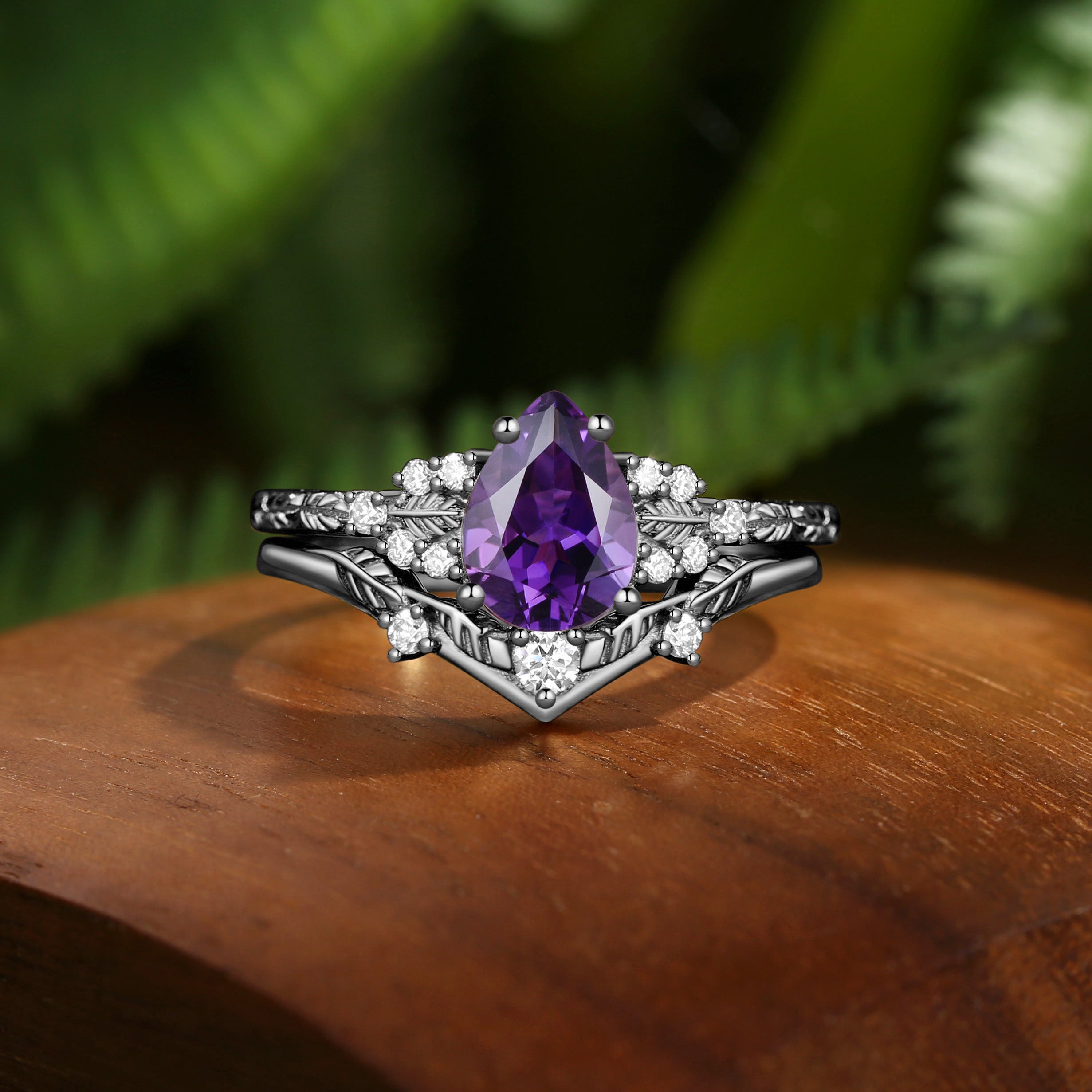 Hortense -  Leaf Nature Inspired Pear Cut Amethyst Engagement Ring Set 2pcs