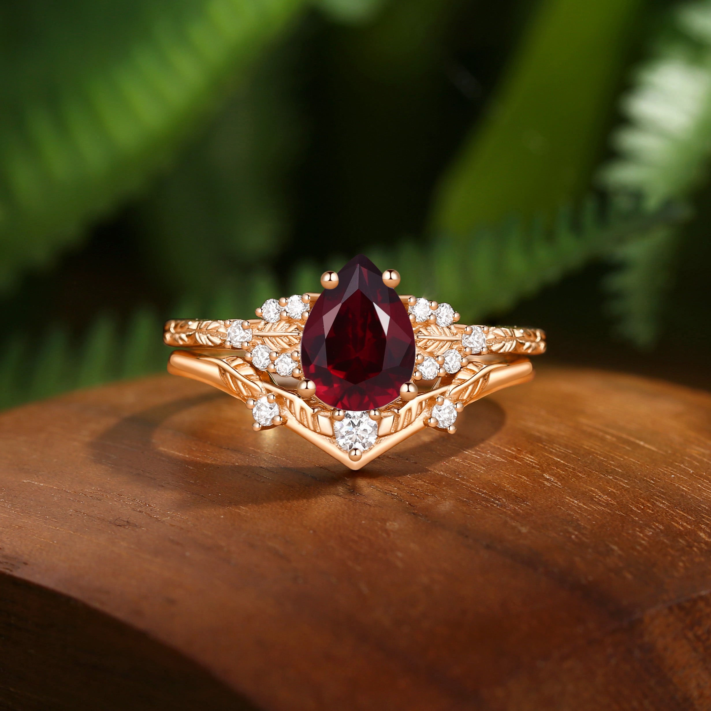 Hortense -  Leaf Nature Inspired Pear Cut Garnet Engagement Ring Set 2pcs