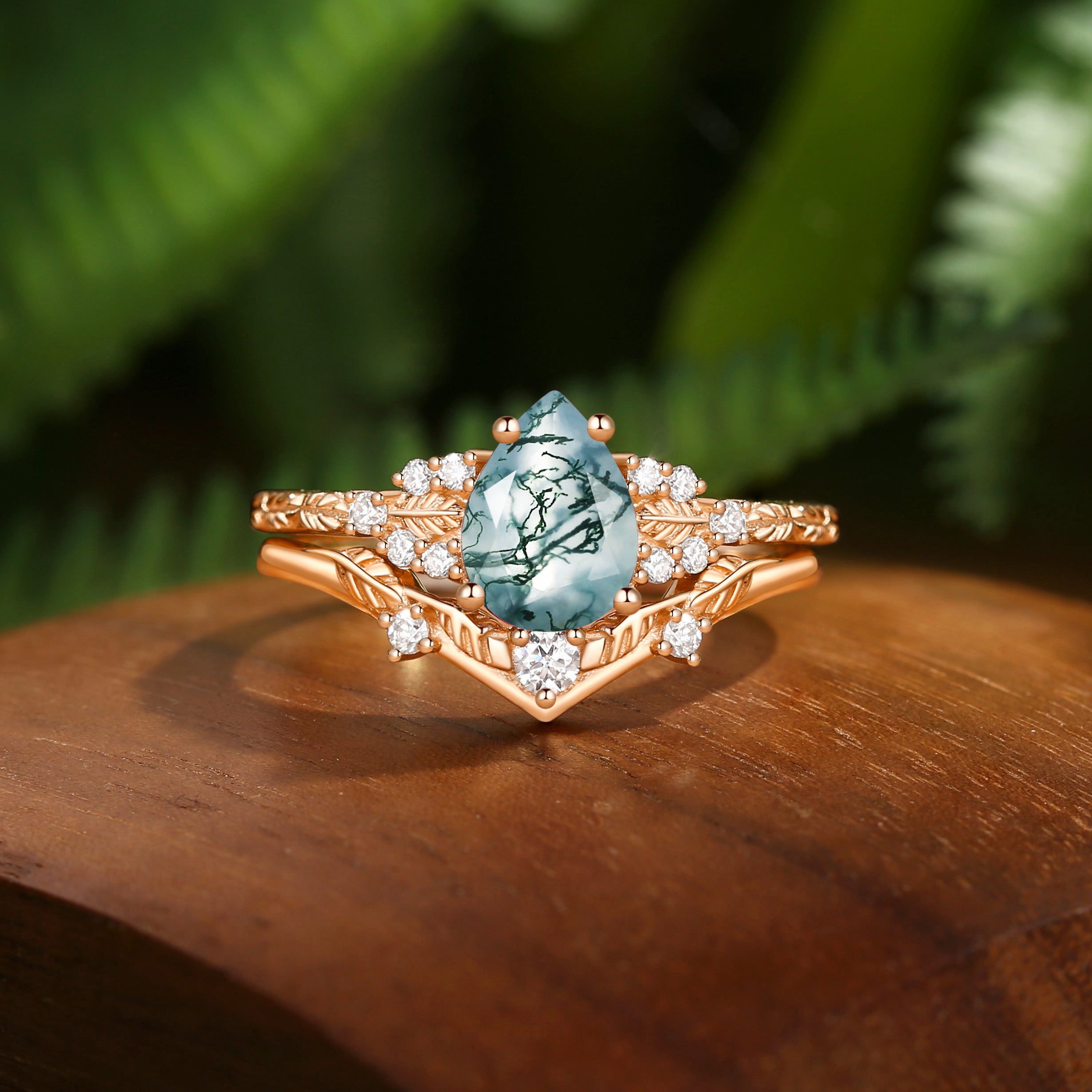 Hortense -  Leaf Nature Inspired Pear Cut Moss Agate Engagement Ring Set 2pcs