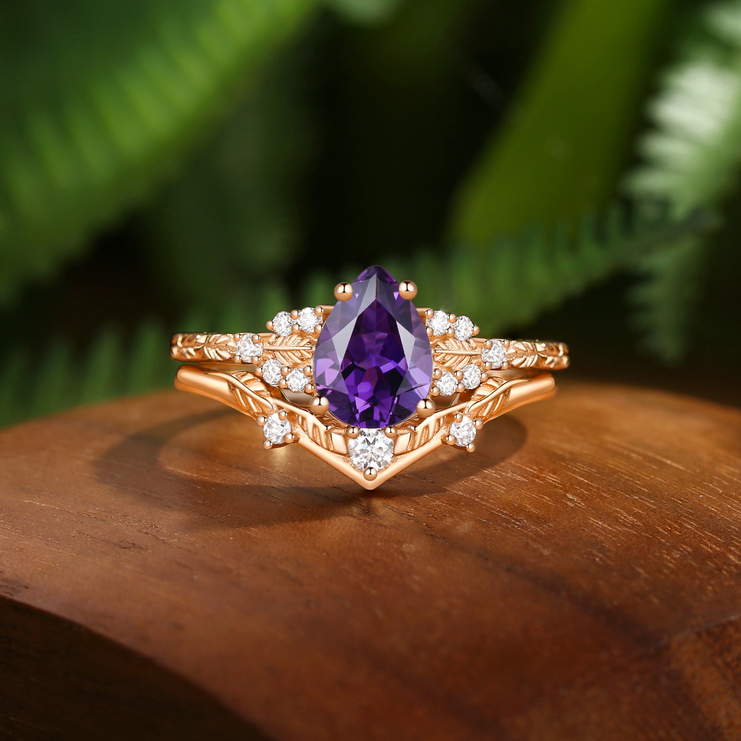 Hortense -  Leaf Nature Inspired Pear Cut Amethyst Engagement Ring Set 2pcs