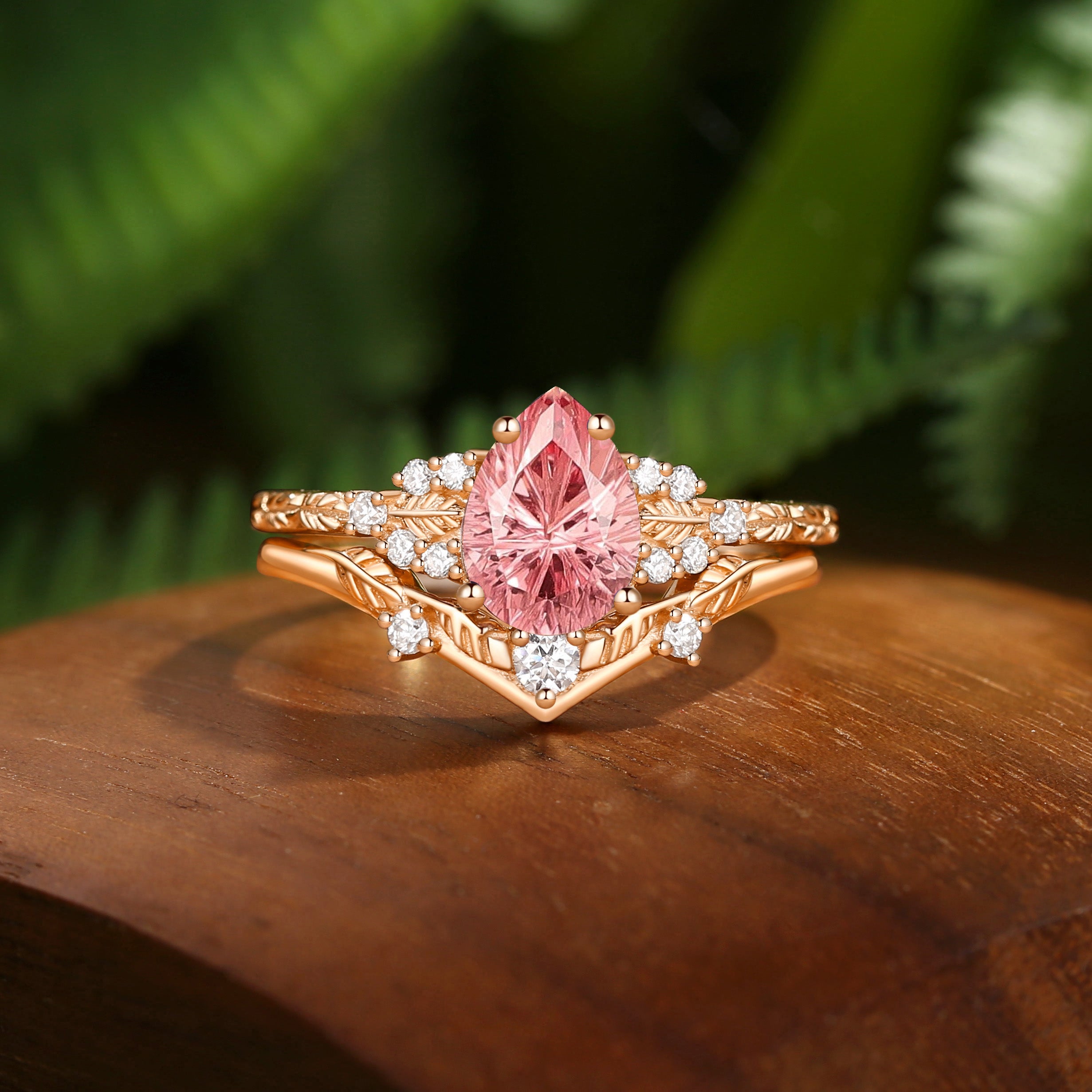 Hortense -  Leaf Nature Inspired Firework Cut Padparadscha Sapphire Engagement Ring Set 2pcs