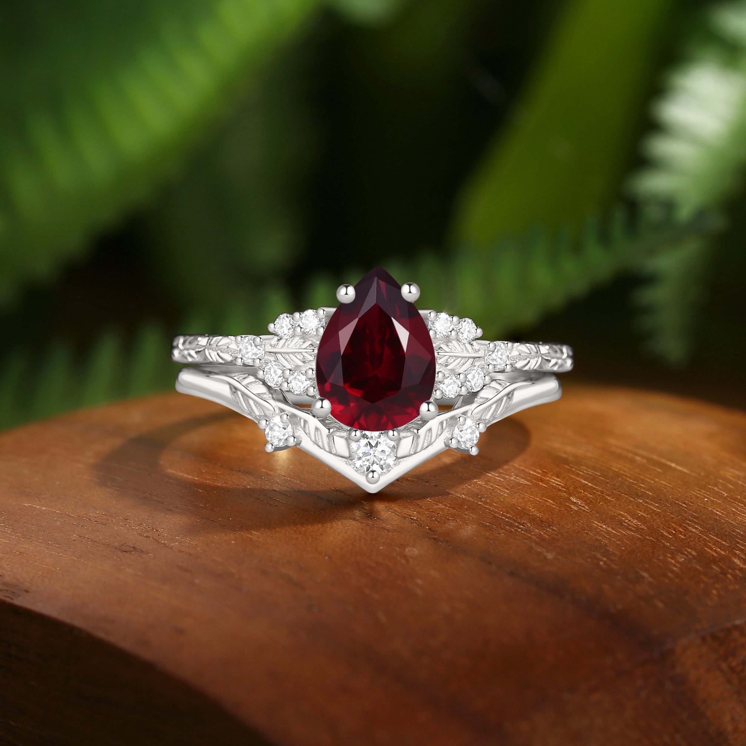 Hortense -  Leaf Nature Inspired Pear Cut Garnet Engagement Ring Set 2pcs