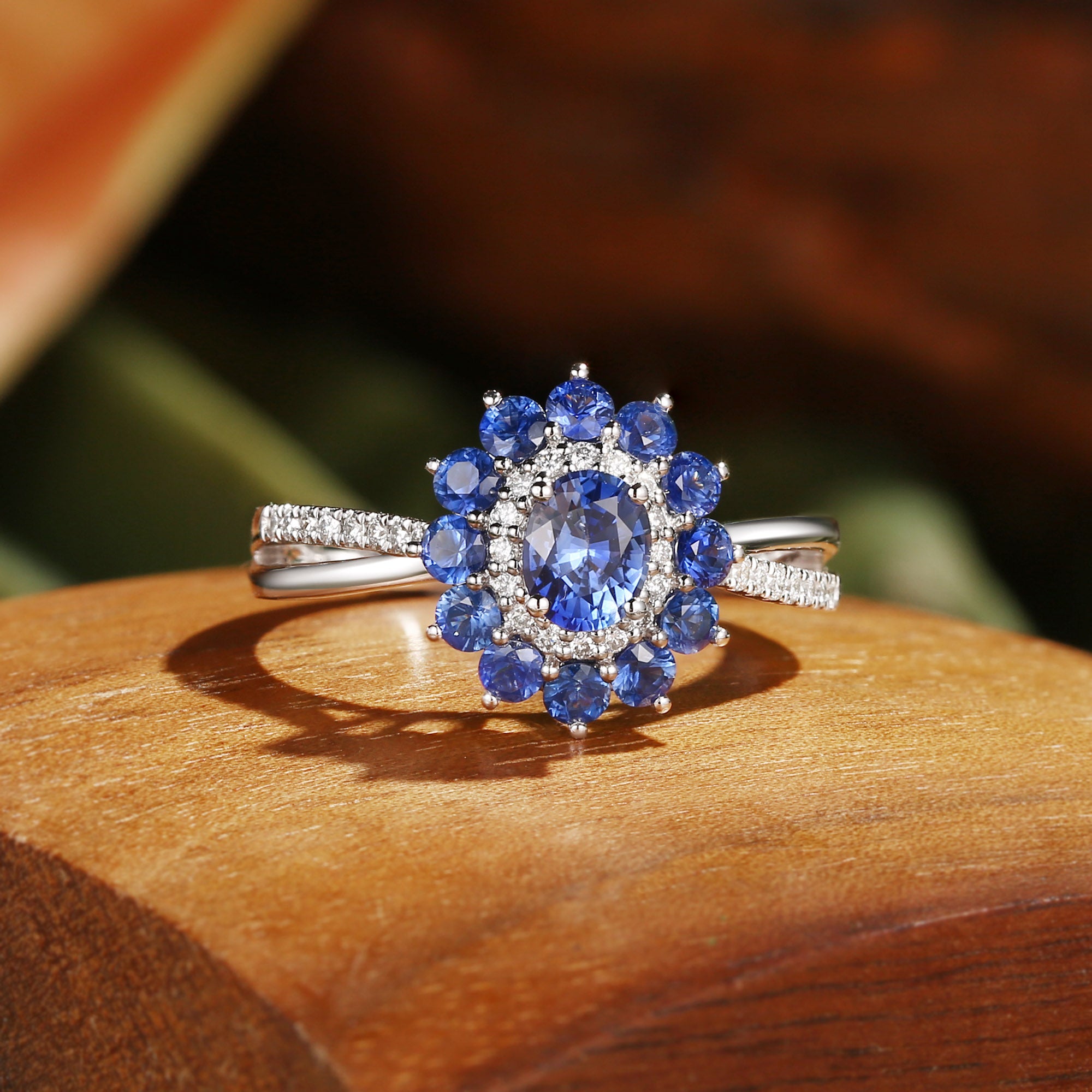 Odessa - Sapphire & Moissanite Bouble Halo Twist Engagement Ring