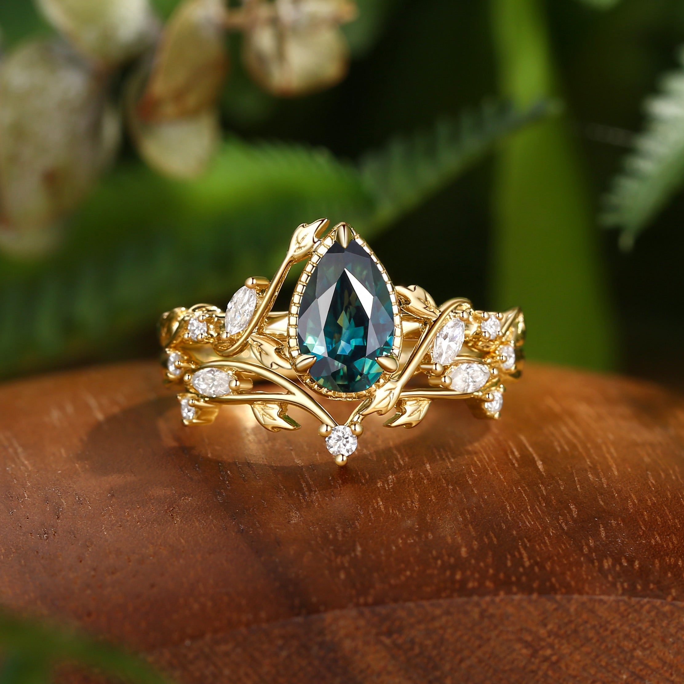 Cranberry - Nature Inspired Natural Blue Green Sapphire Engagement Ring Set 2pcs