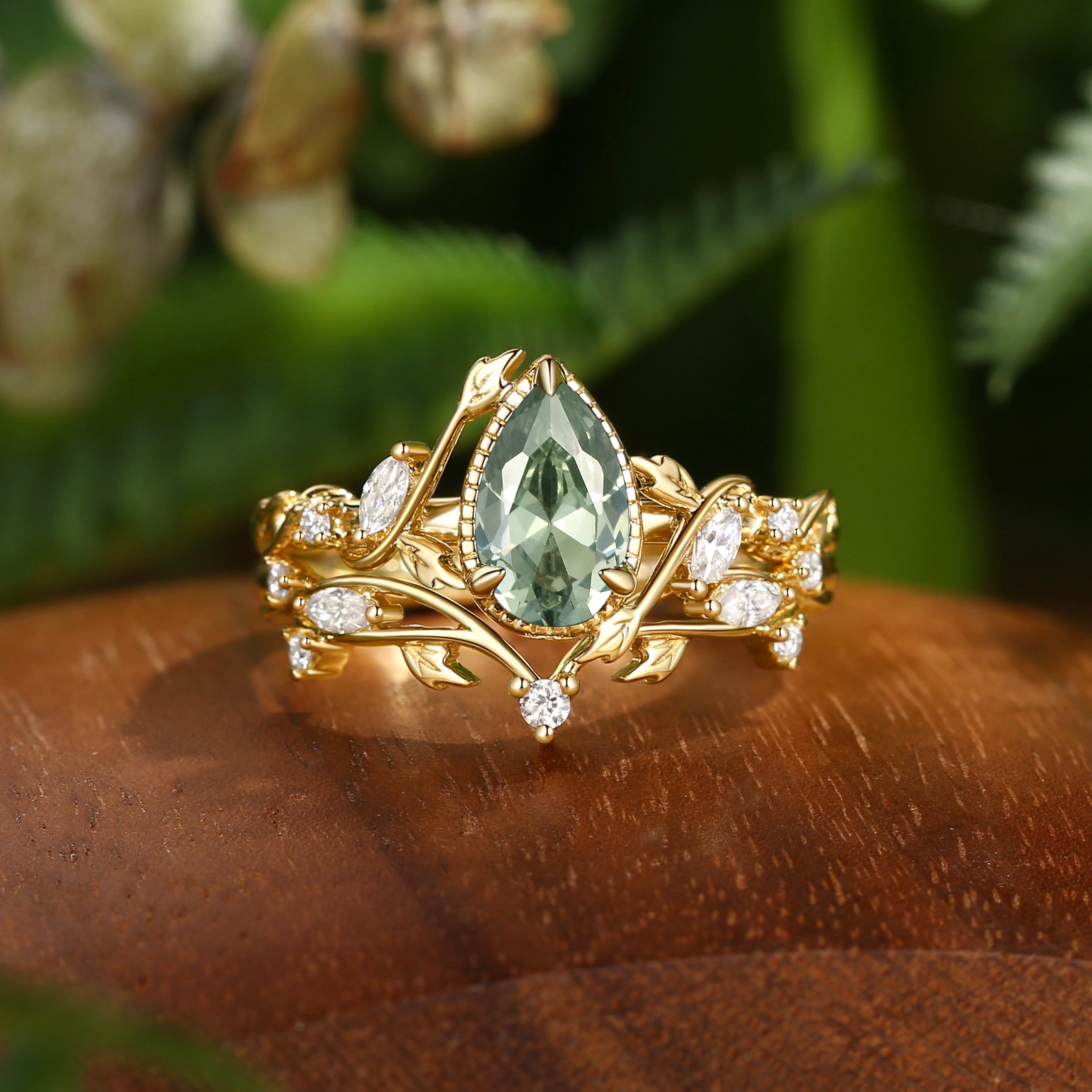 Cranberry - Nature Themed Lab Green Sapphire Engagement Ring Set 2pcs