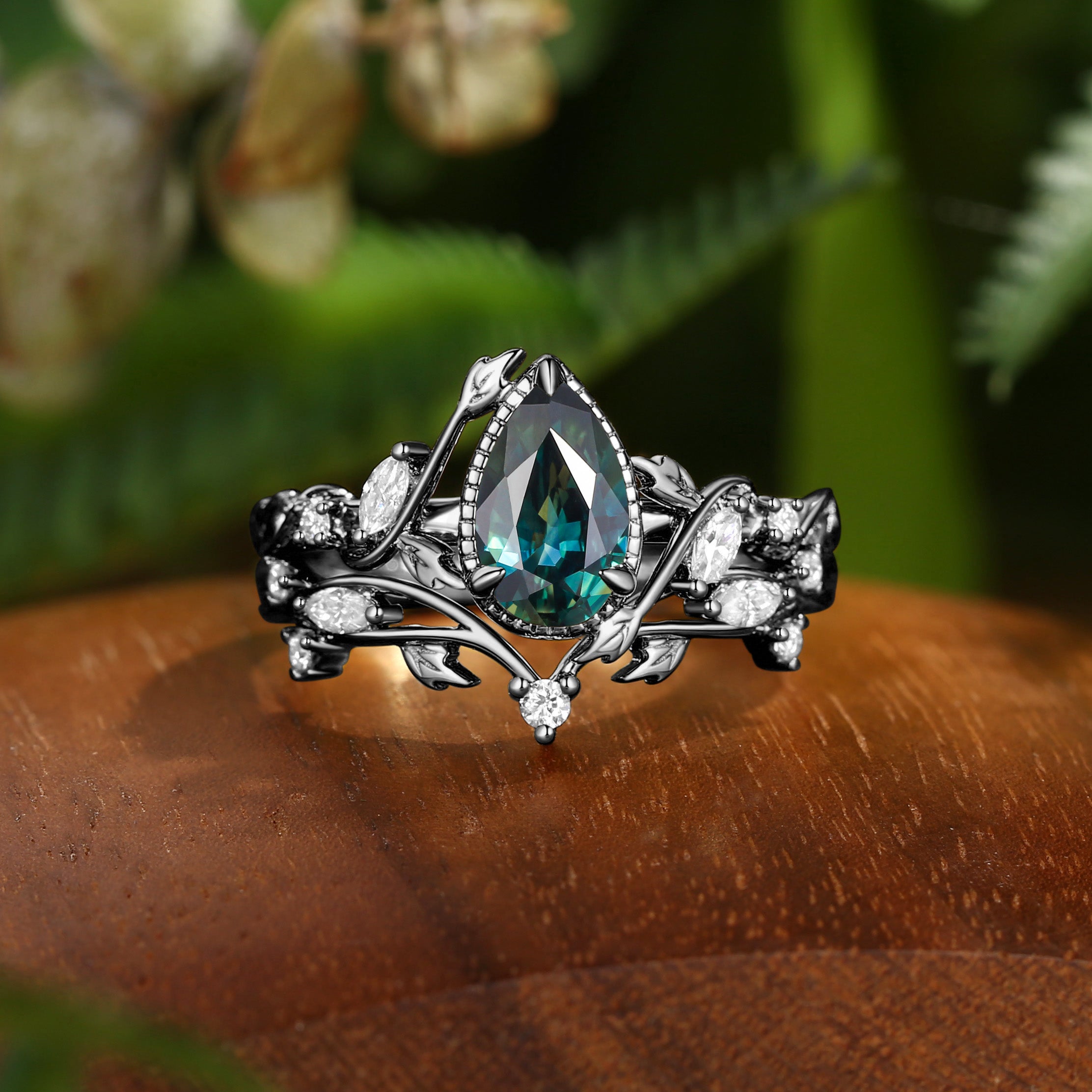 Cranberry - Nature Inspired Natural Blue Green Sapphire Engagement Ring Set 2pcs