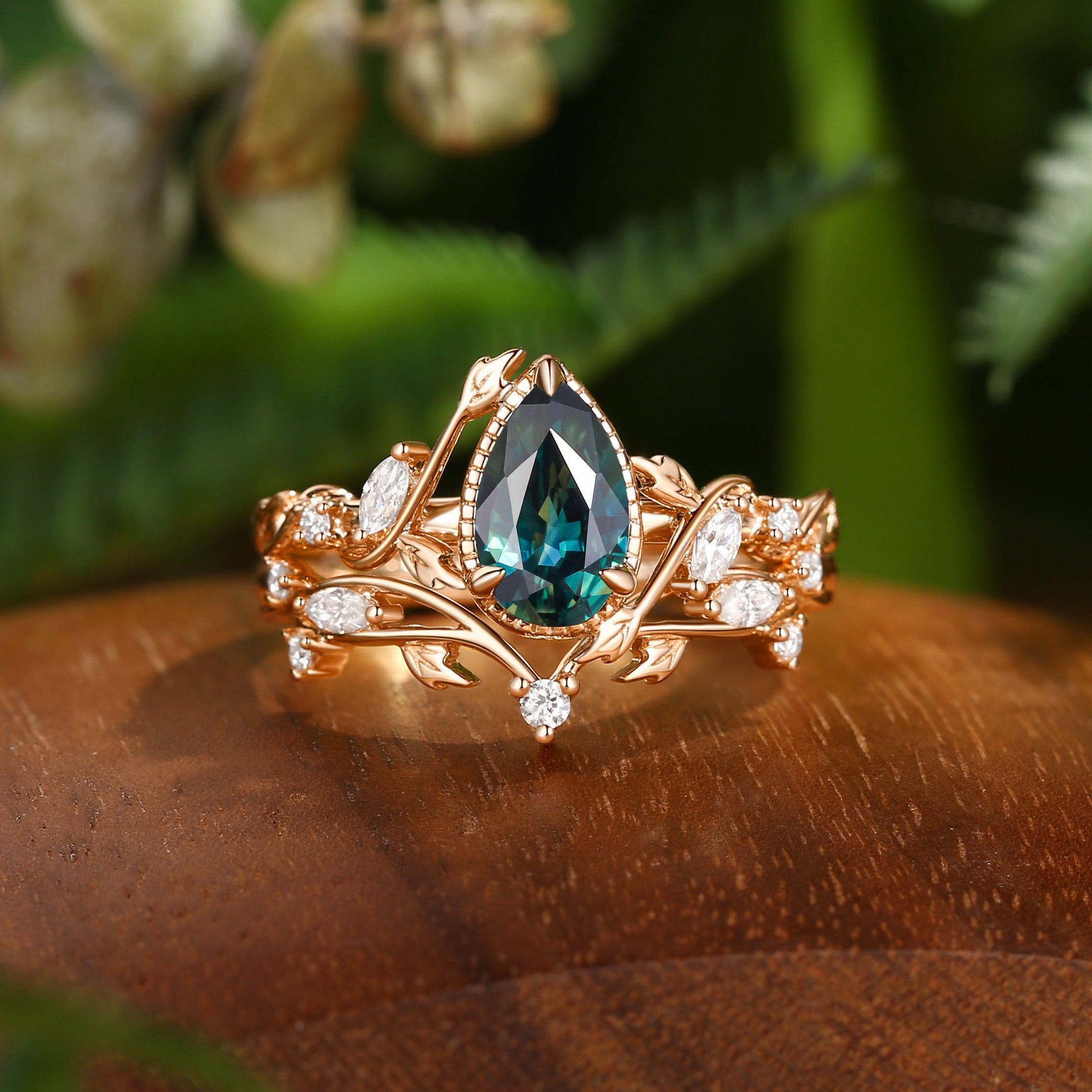 Cranberry - Nature Inspired Natural Blue Green Sapphire Engagement Ring Set 2pcs