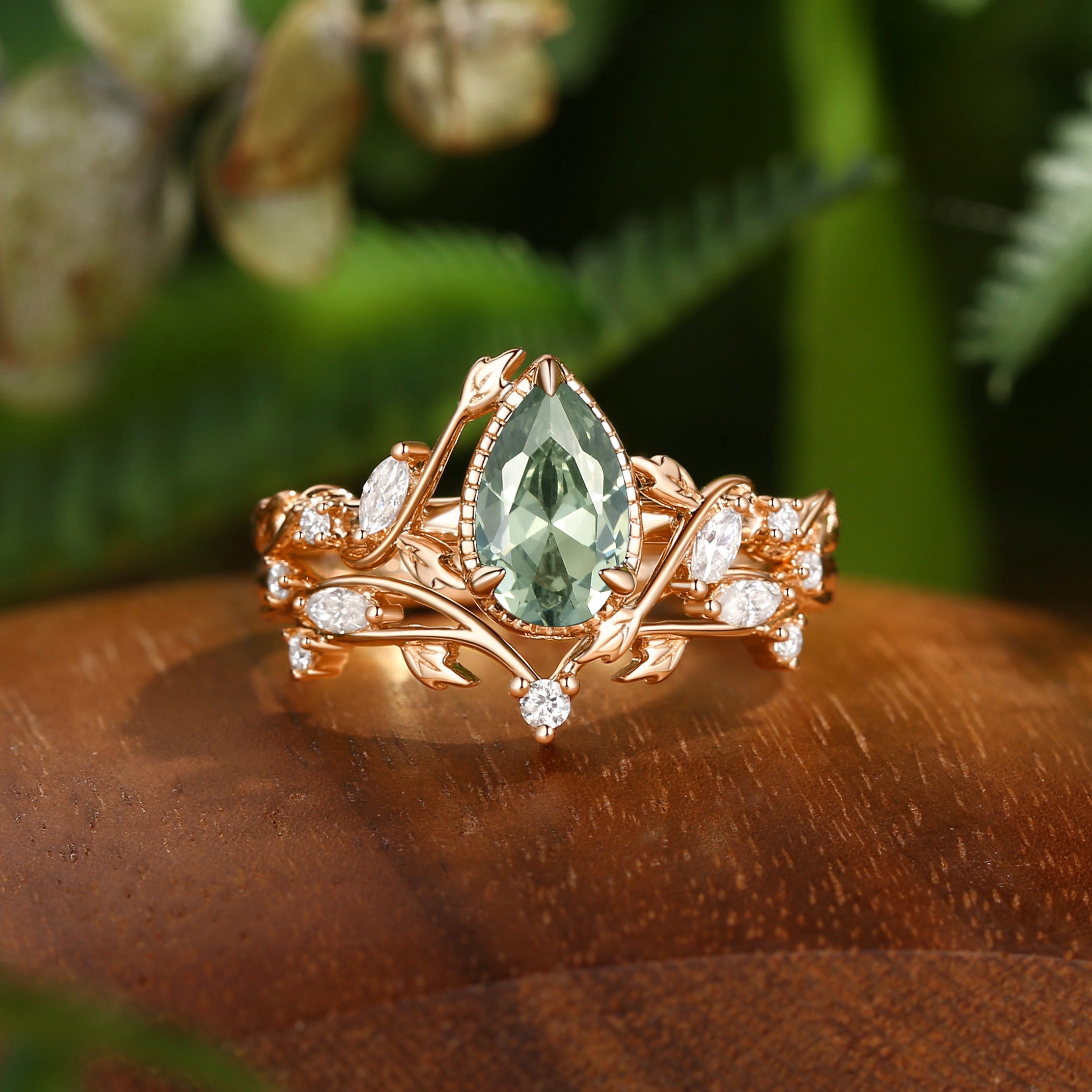 Cranberry - Nature Themed Lab Green Sapphire Engagement Ring Set 2pcs