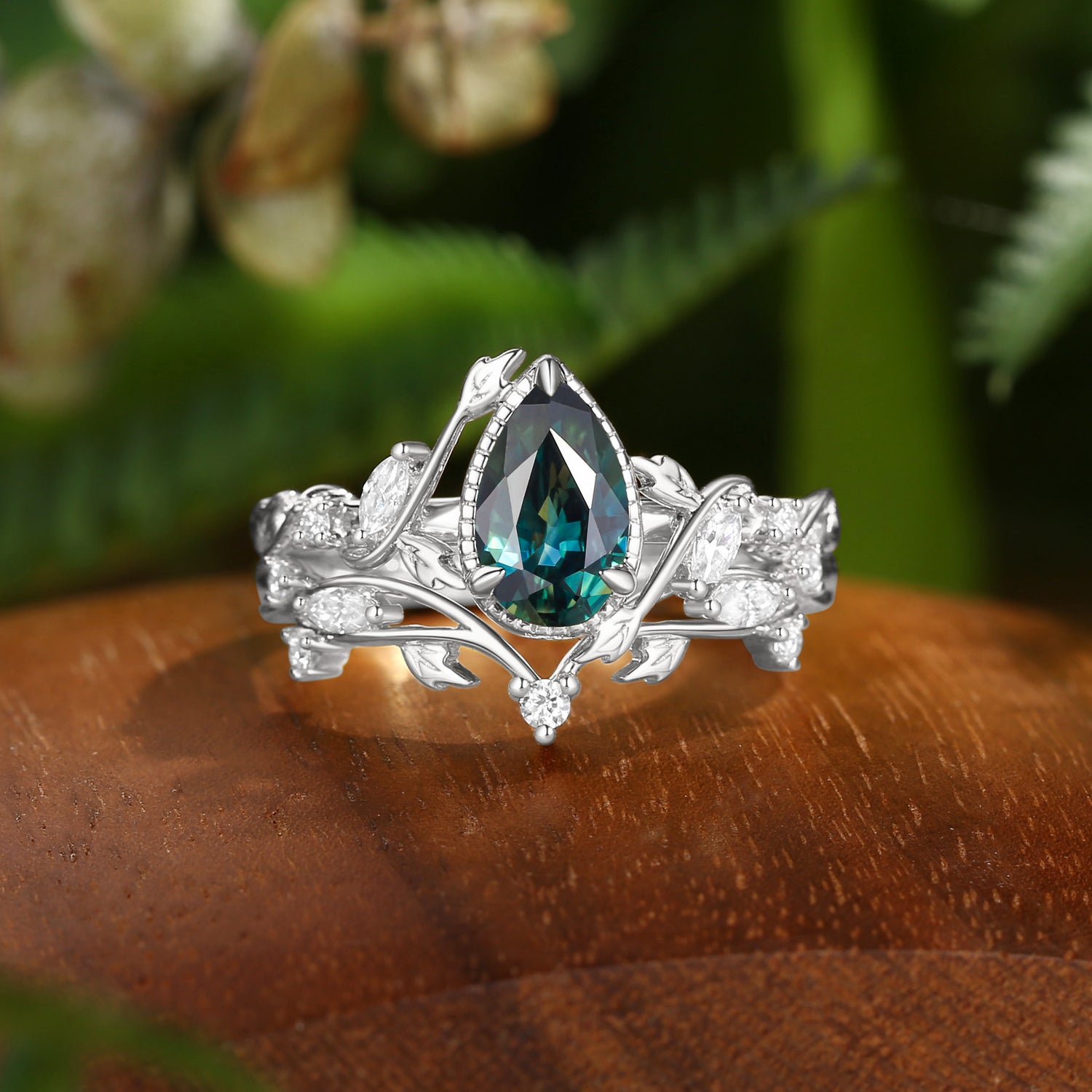 Cranberry - Nature Inspired Natural Blue Green Sapphire Engagement Ring Set 2pcs