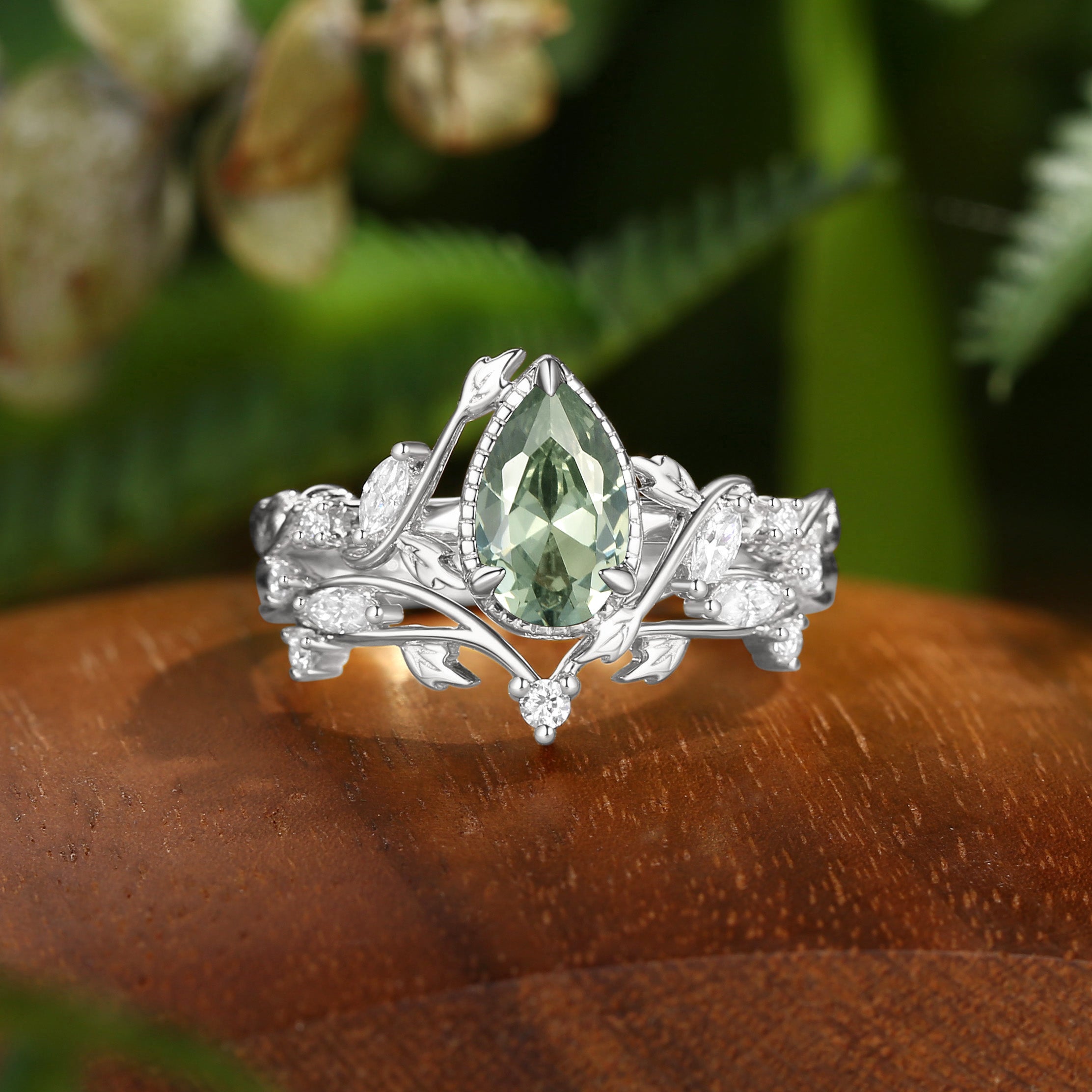 Cranberry - Nature Themed Lab Green Sapphire Engagement Ring Set 2pcs