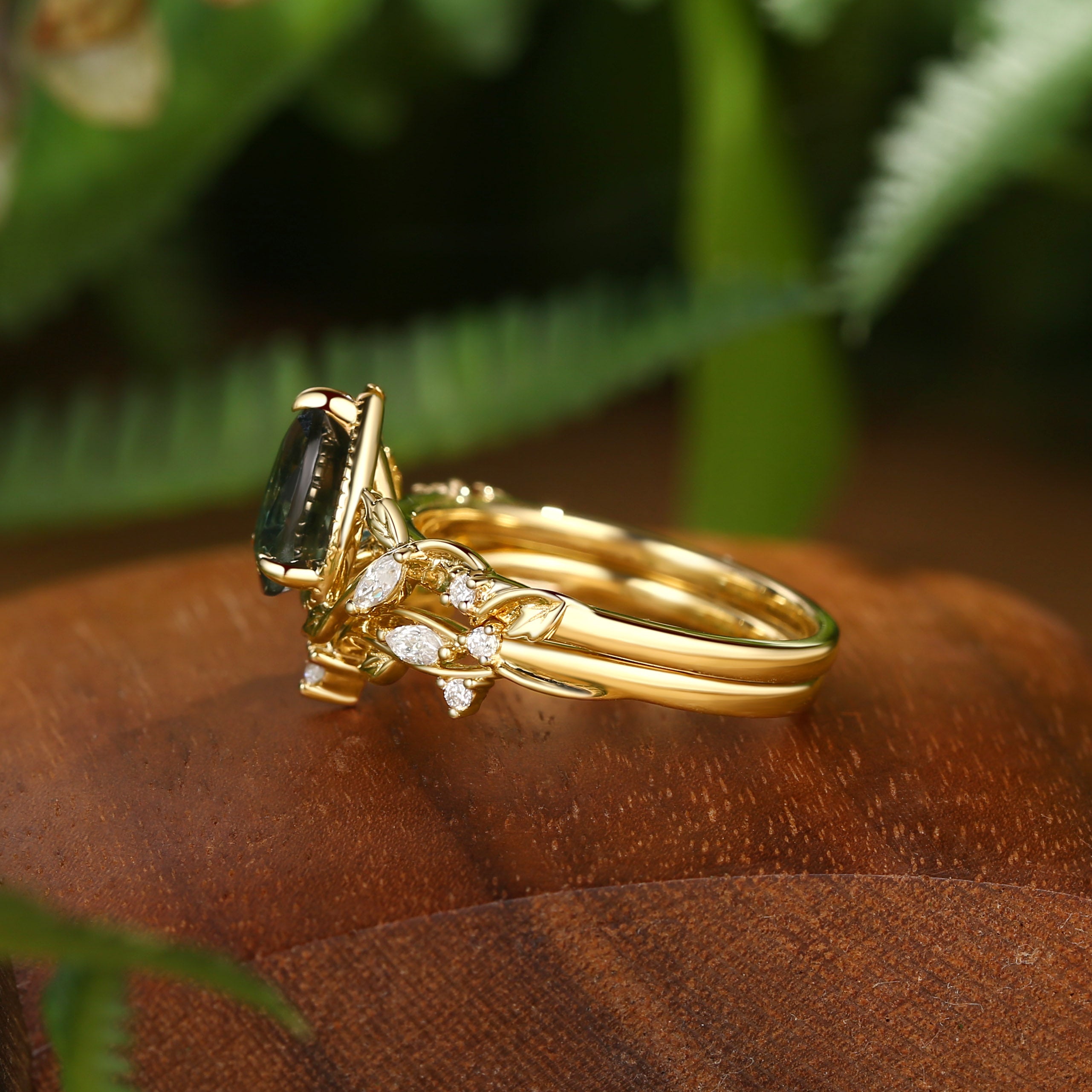 Cranberry - Nature Inspired Natural Blue Green Sapphire Engagement Ring Set 2pcs