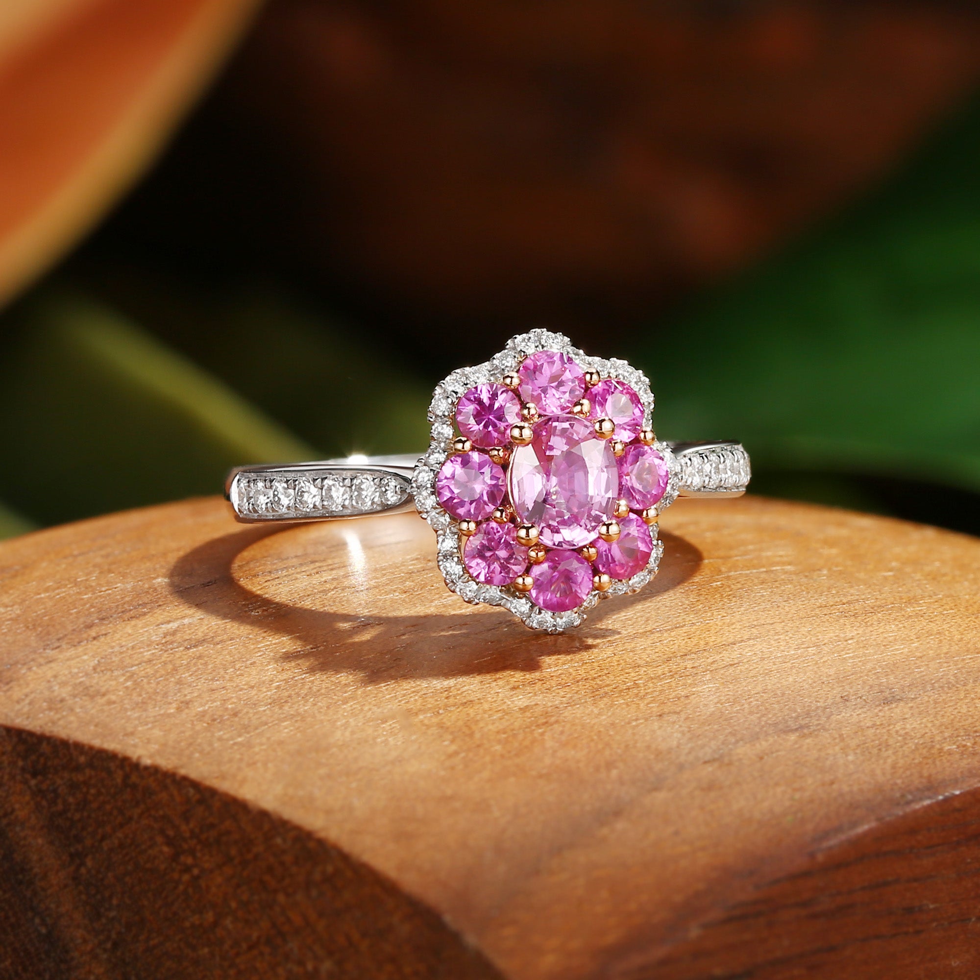 Odessa - Flower Oval Cut Pink Sapphire  Bouble Halo Engagement Ring