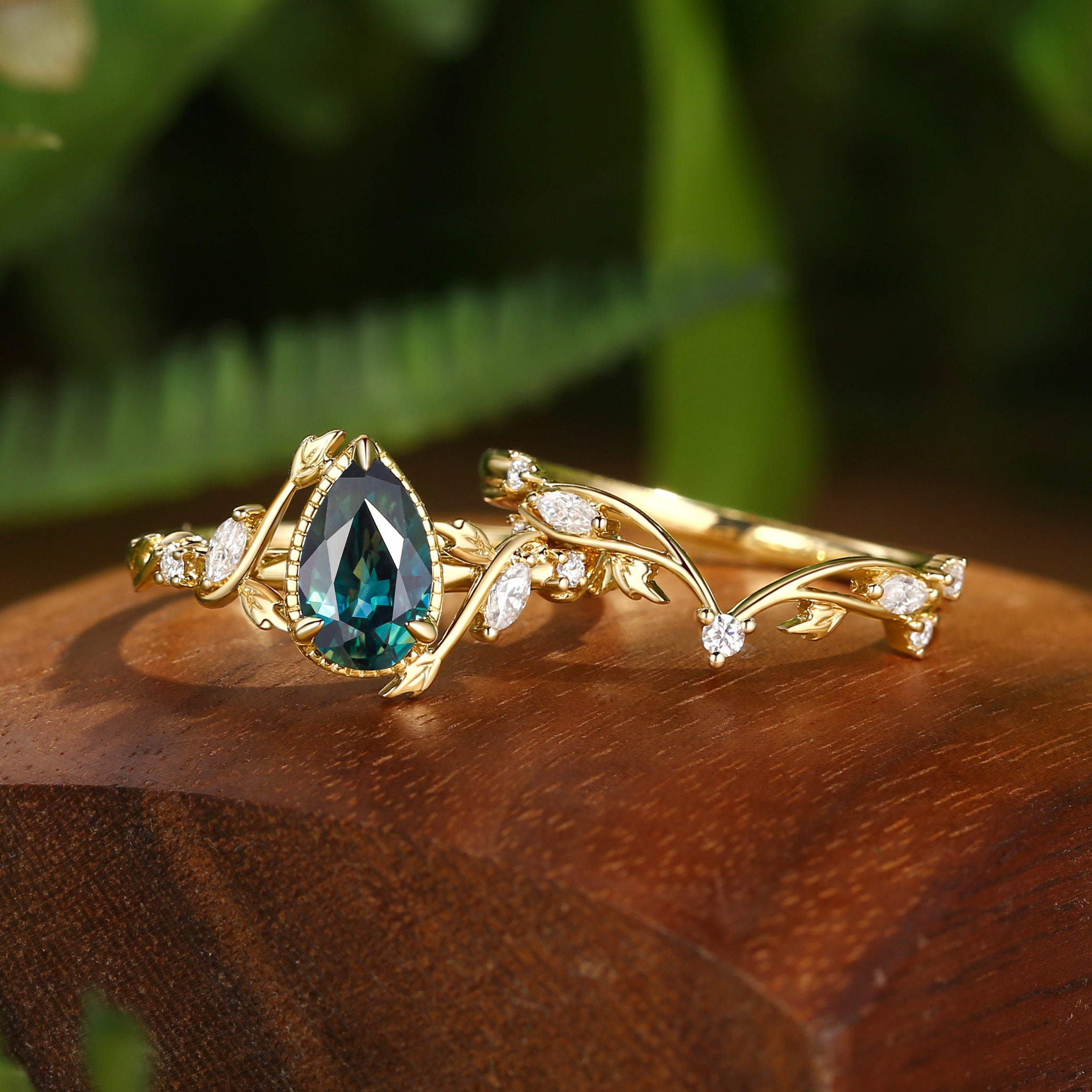 Cranberry - Nature Inspired Natural Blue Green Sapphire Engagement Ring Set 2pcs