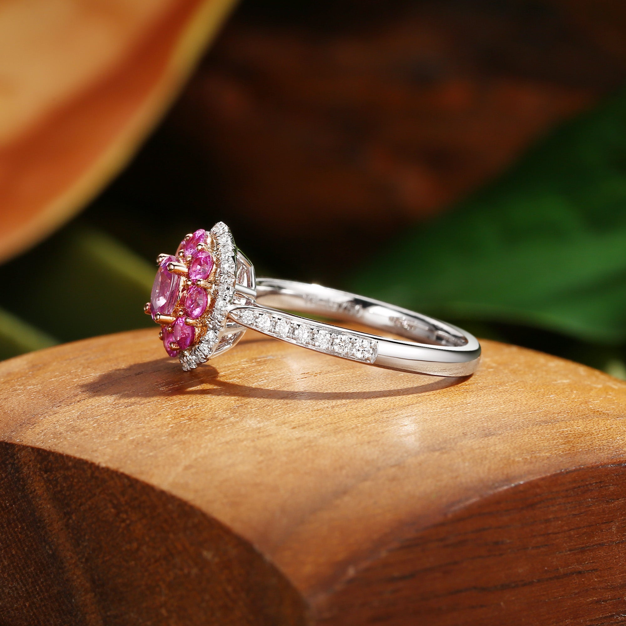 Odessa - Flower Oval Cut Pink Sapphire  Bouble Halo Engagement Ring