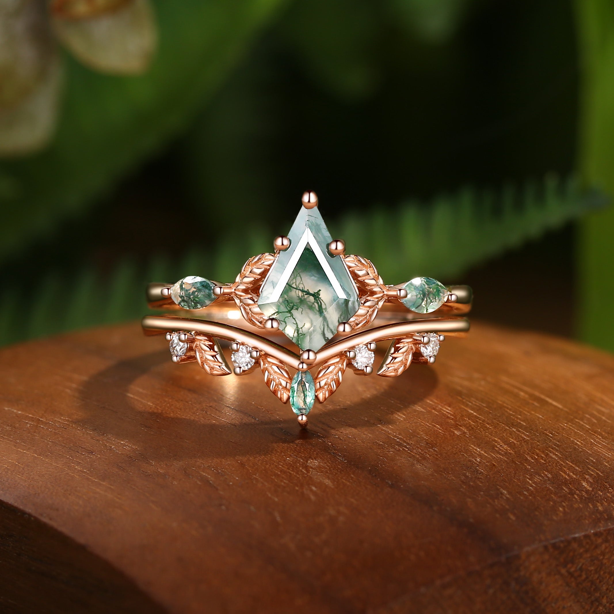 Karina - Unique Moss Agate Kite Cut Leaf Ring Set 2pcs