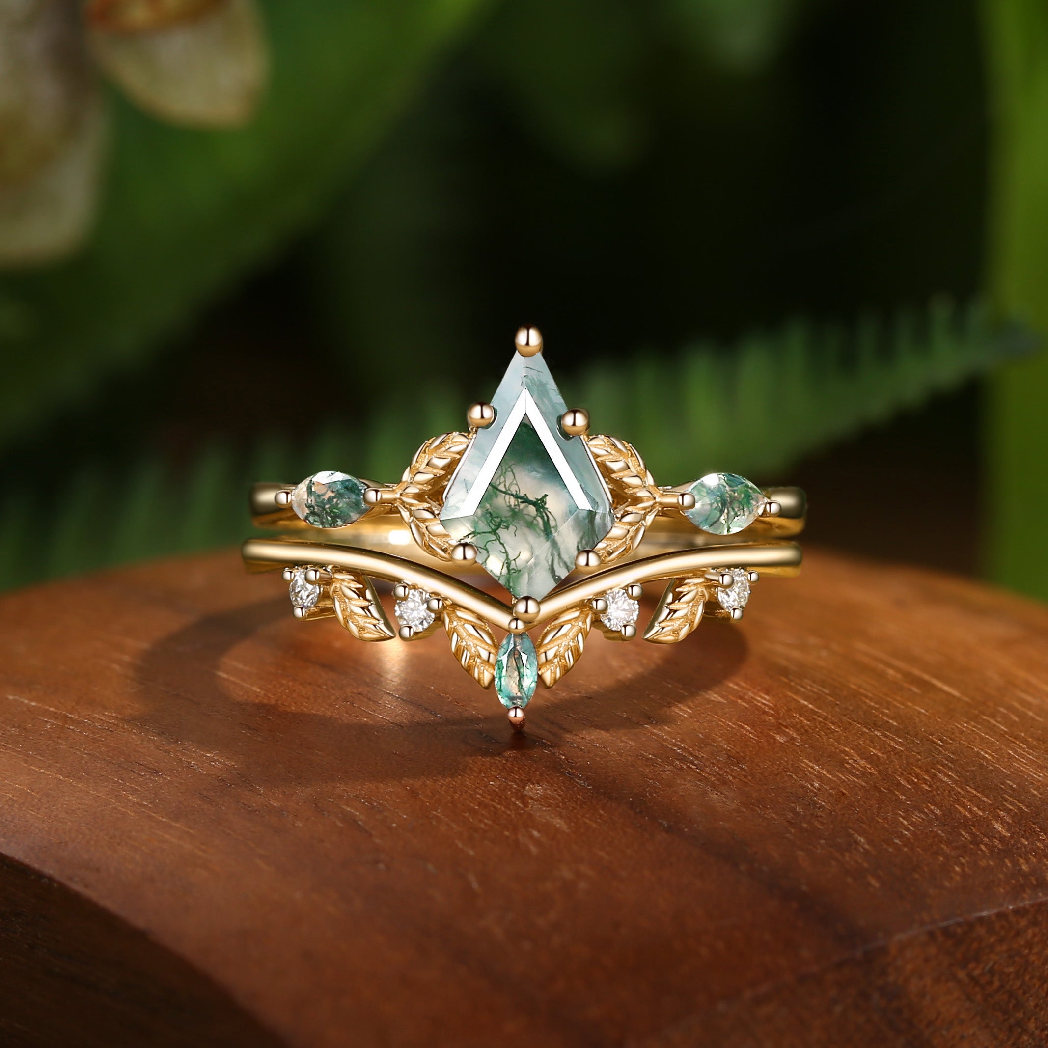 Karina - Unique Moss Agate Kite Cut Leaf Ring Set 2pcs