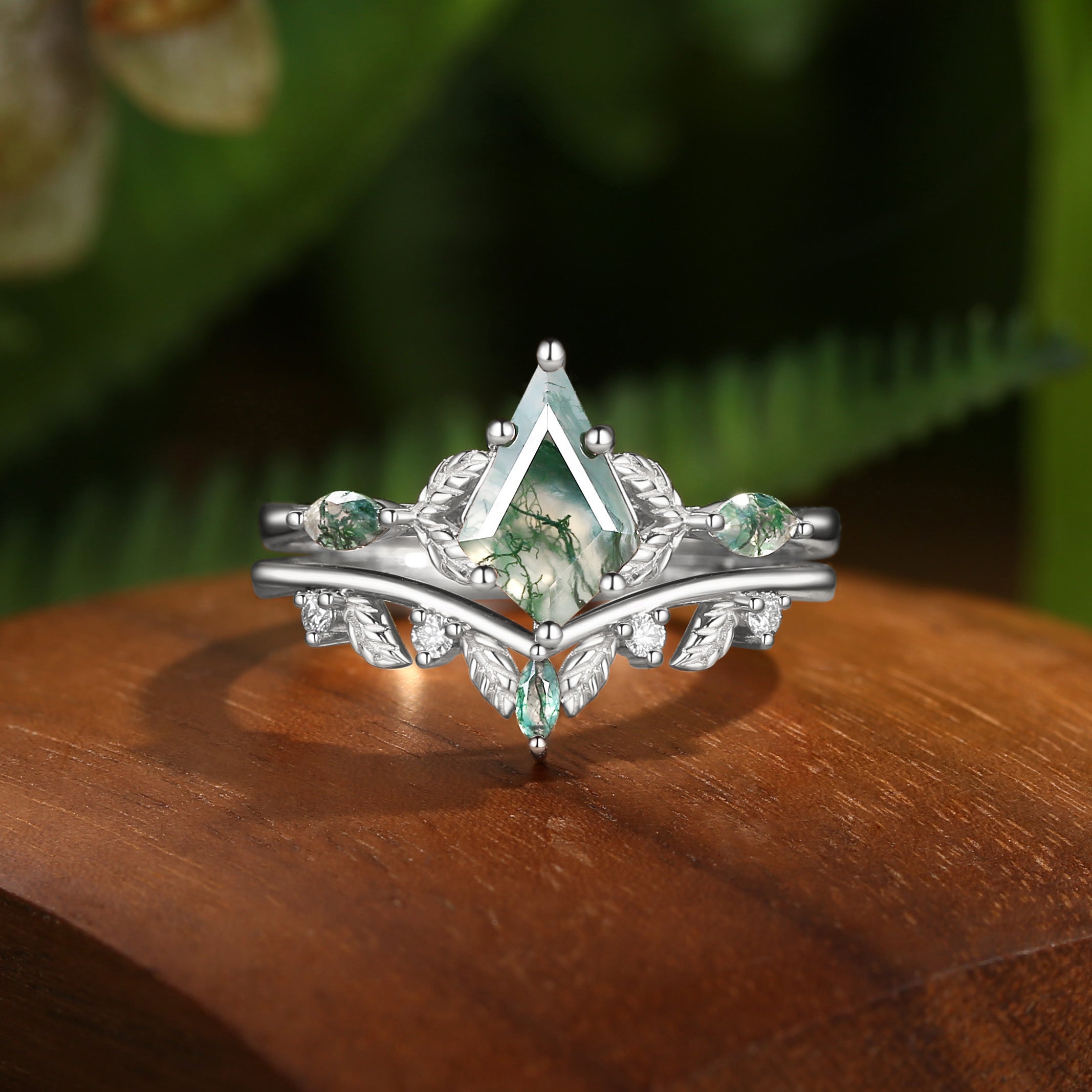 Karina - Unique Moss Agate Kite Cut Leaf Ring Set 2pcs